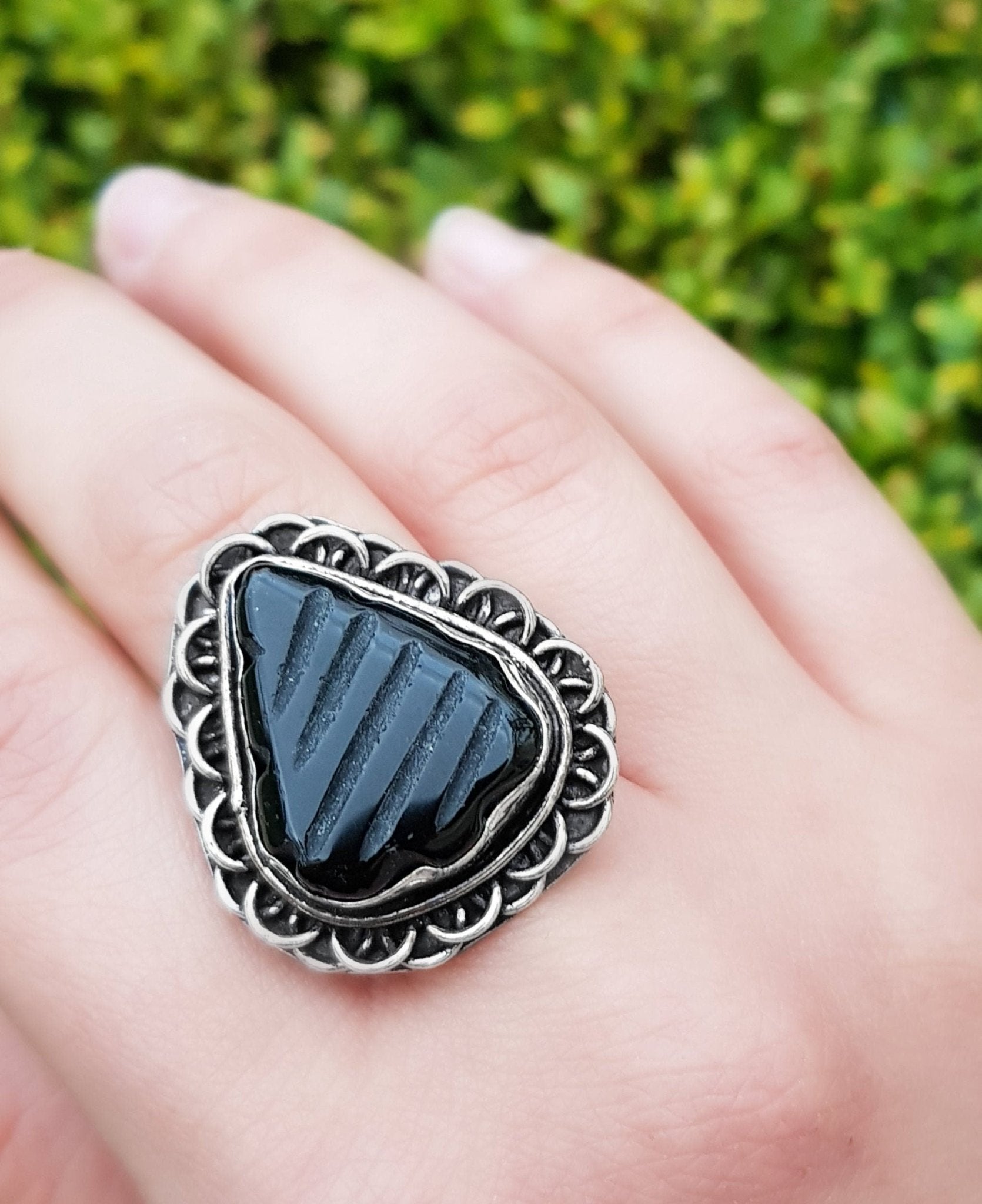 Carved Black Onyx Sterling Silver Ring Size US 7 1/2 Mens Ring Unisex Ring Boho Ring Gypsy Jewellery Statement Ring Unique Gift - LunarGem - Rings