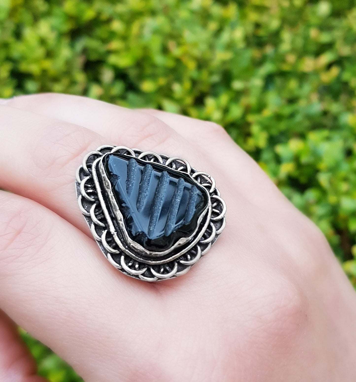 Carved Black Onyx Sterling Silver Ring Size US 7 1/2 Mens Ring Unisex Ring Boho Ring Gypsy Jewellery Statement Ring Unique Gift - LunarGem - Rings