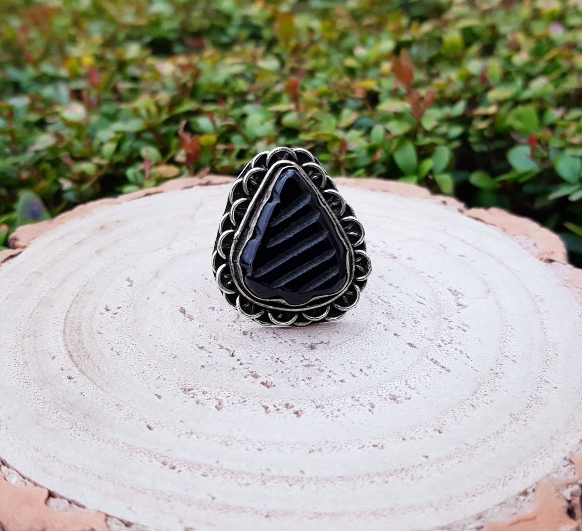 Carved Black Onyx Sterling Silver Ring Size US 7 1/2 Mens Ring Unisex Ring Boho Ring Gypsy Jewellery Statement Ring Unique Gift - LunarGem - Rings