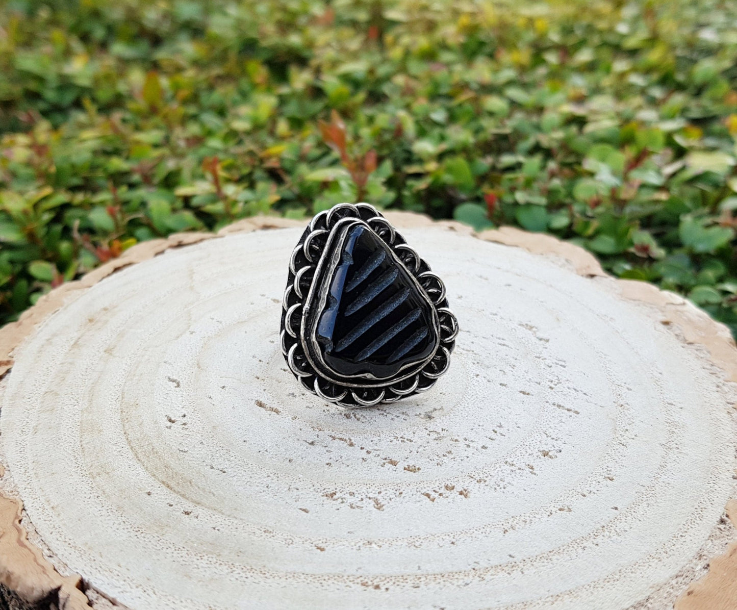 Carved Black Onyx Sterling Silver Ring Size US 7 1/2 Mens Ring Unisex Ring Boho Ring Gypsy Jewellery Statement Ring Unique Gift - LunarGem - Rings