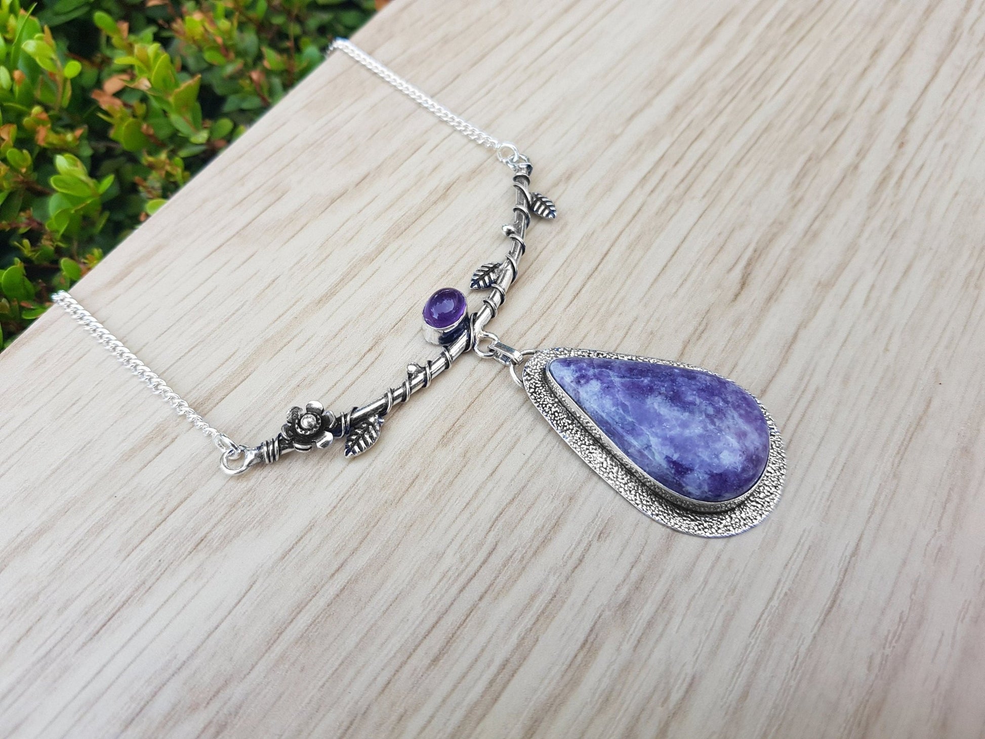 Charoite And Amethyst Necklace Tree Statement Necklace In Sterling Silver - LunarGem - 
