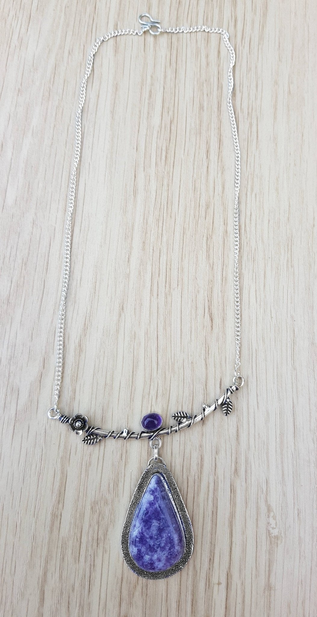Charoite And Amethyst Necklace Tree Statement Necklace In Sterling Silver - LunarGem - 
