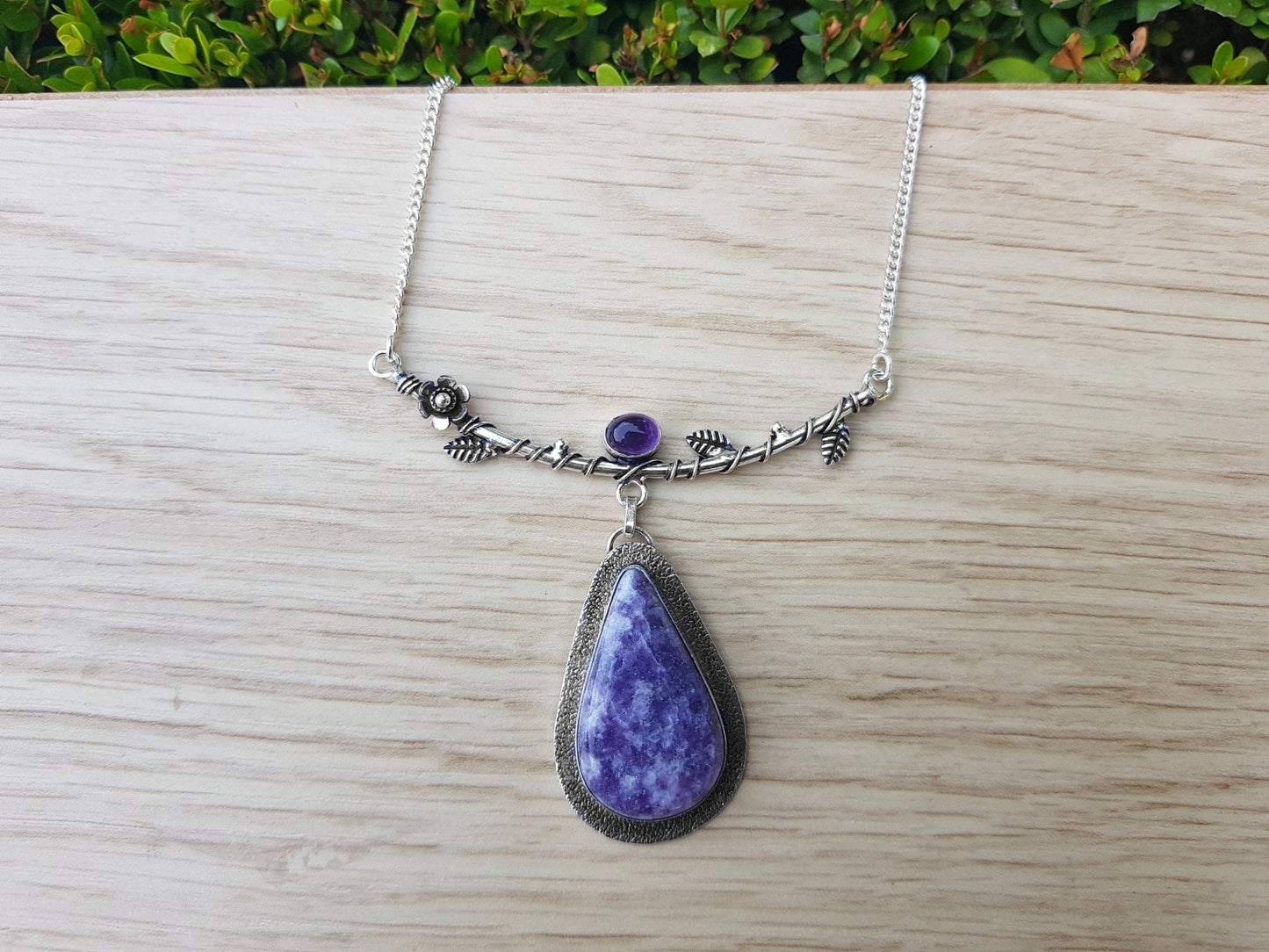 Charoite And Amethyst Necklace Tree Statement Necklace In Sterling Silver - LunarGem - 