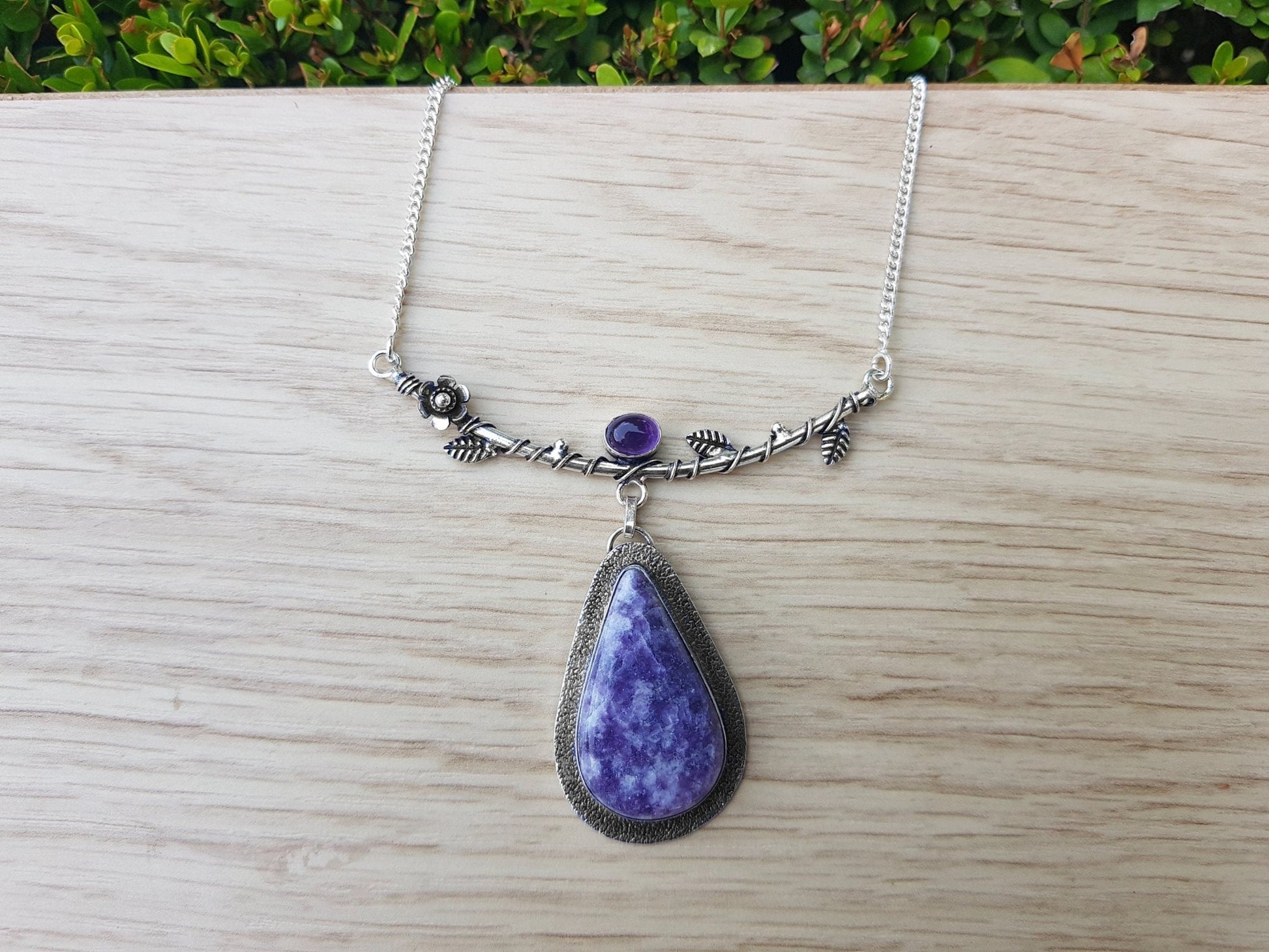 Charoite And Amethyst Necklace Tree Statement Necklace In Sterling Silver - LunarGem - 