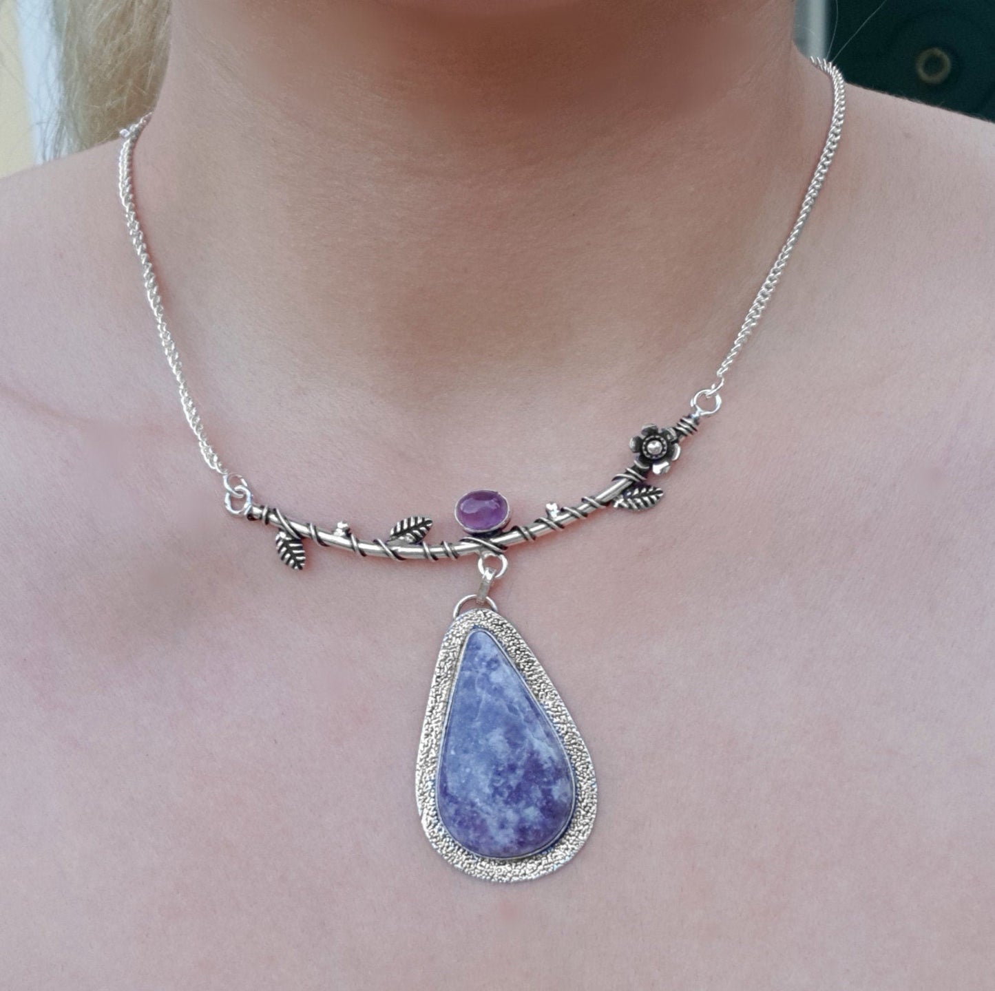 Charoite And Amethyst Necklace Tree Statement Necklace In Sterling Silver - LunarGem - 