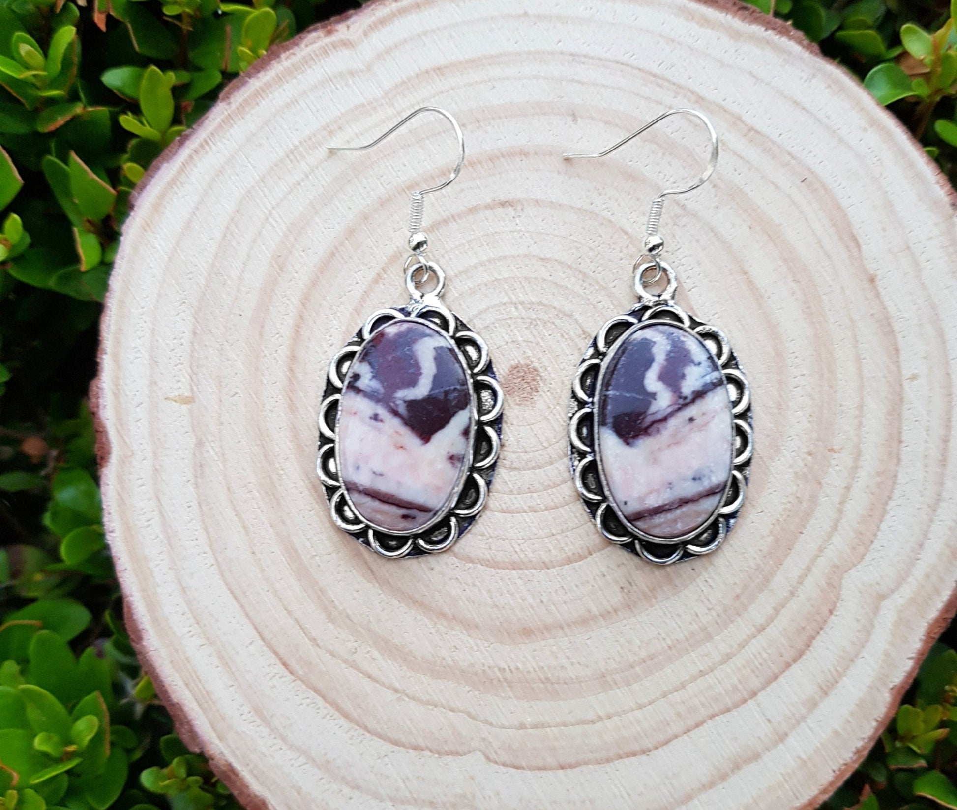 Coconut Jasper Sterling Silver Dangle Earrings, Hypoallergenic Boho Jewelry - LunarGem - Earrings