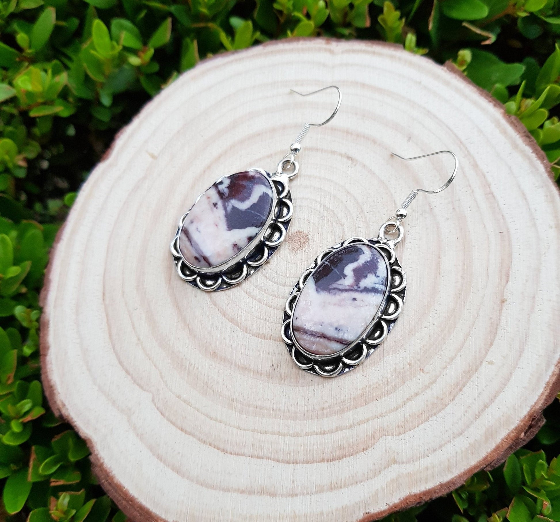 Coconut Jasper Sterling Silver Dangle Earrings, Hypoallergenic Boho Jewelry - LunarGem - Earrings