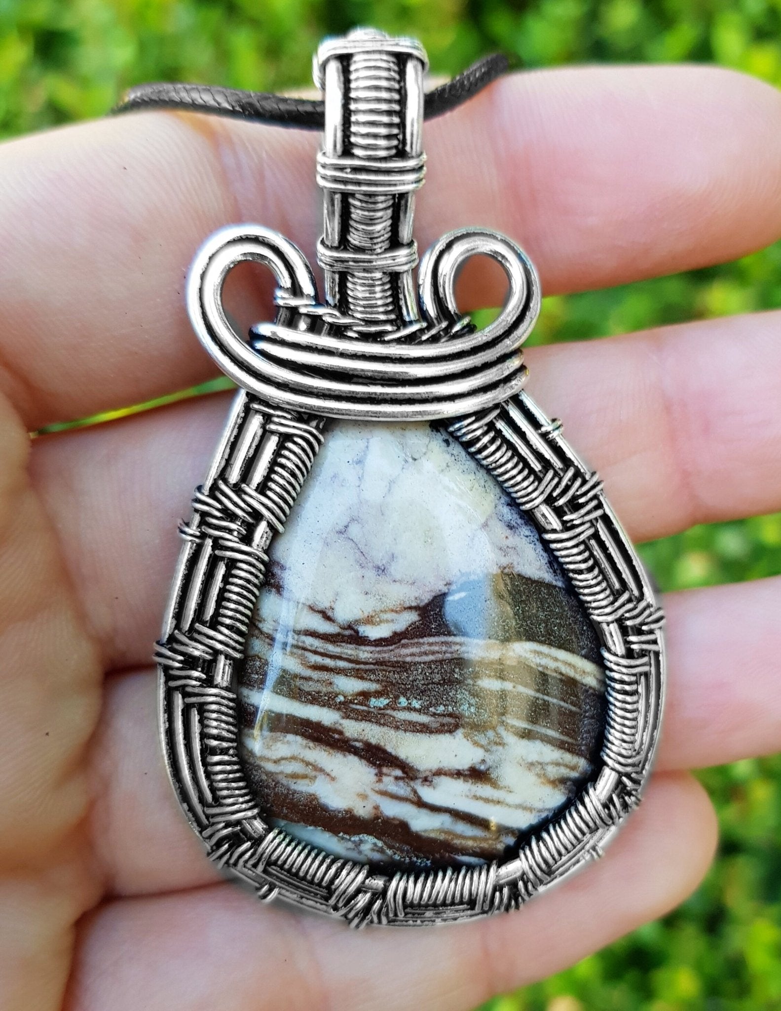 Coconut Jasper Wire Wrapped Pendant In Sterling Silver Statement Pendant - LunarGem - Jewelry