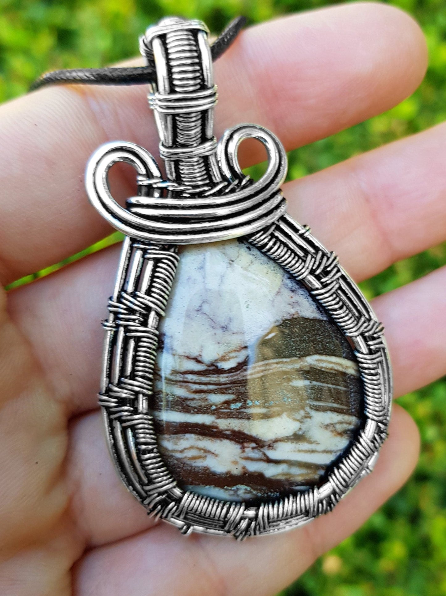 Coconut Jasper Wire Wrapped Pendant In Sterling Silver Statement Pendant - LunarGem - Jewelry