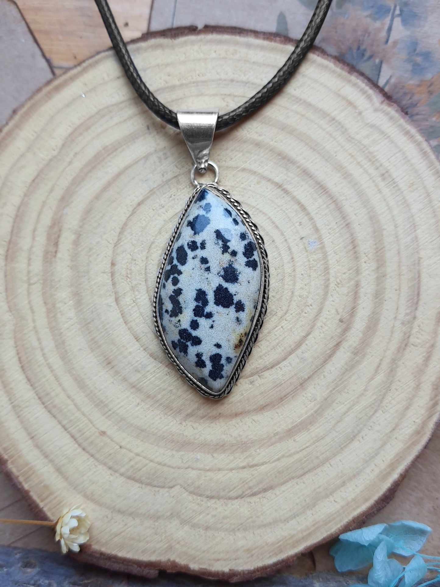 Dalmatian Jasper Sterling Silver Pendant Necklace: Boho Statement Jewelry - LunarGem - 