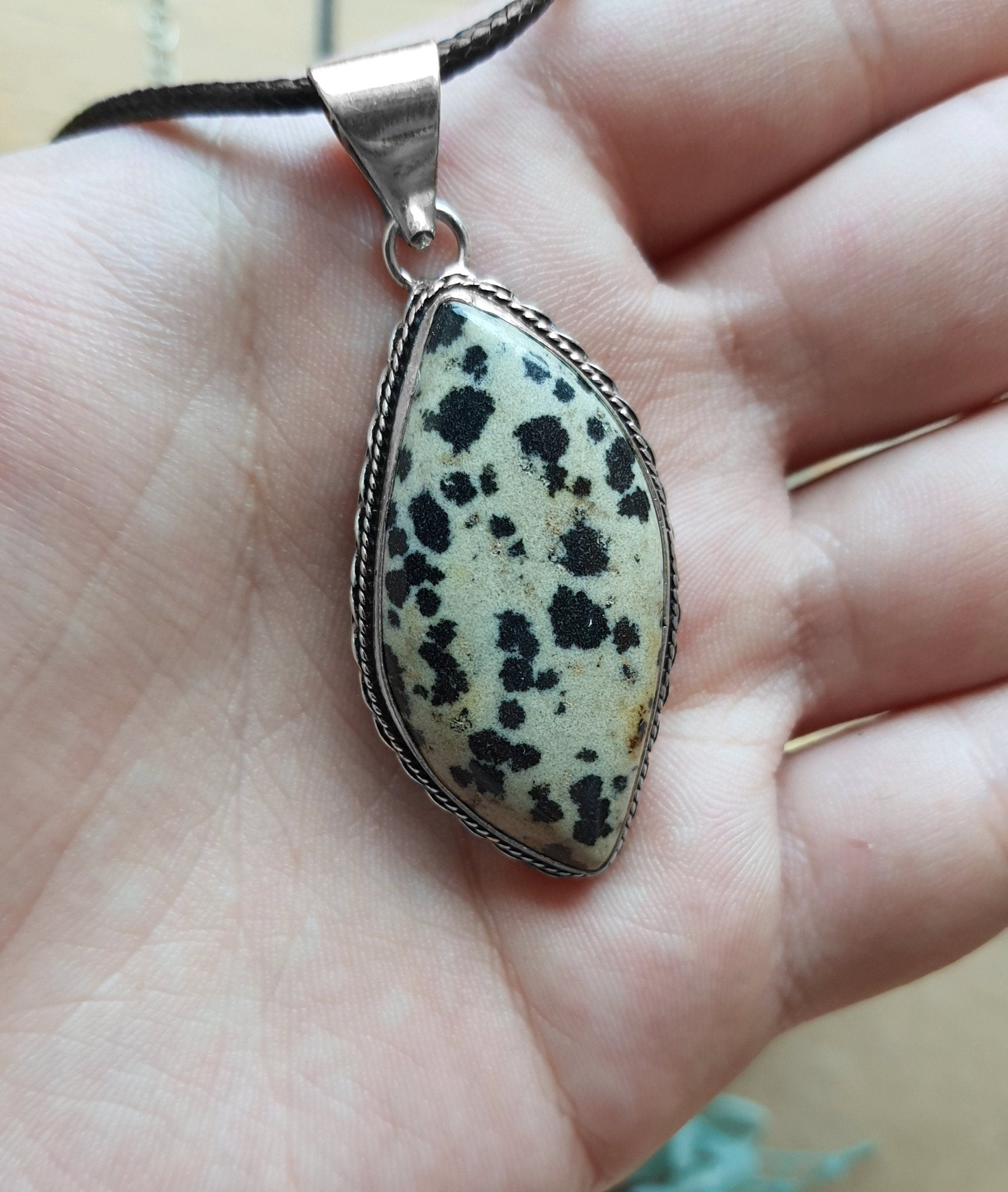 Dalmatian Jasper Sterling Silver Pendant Necklace: Boho Statement Jewelry - LunarGem - 