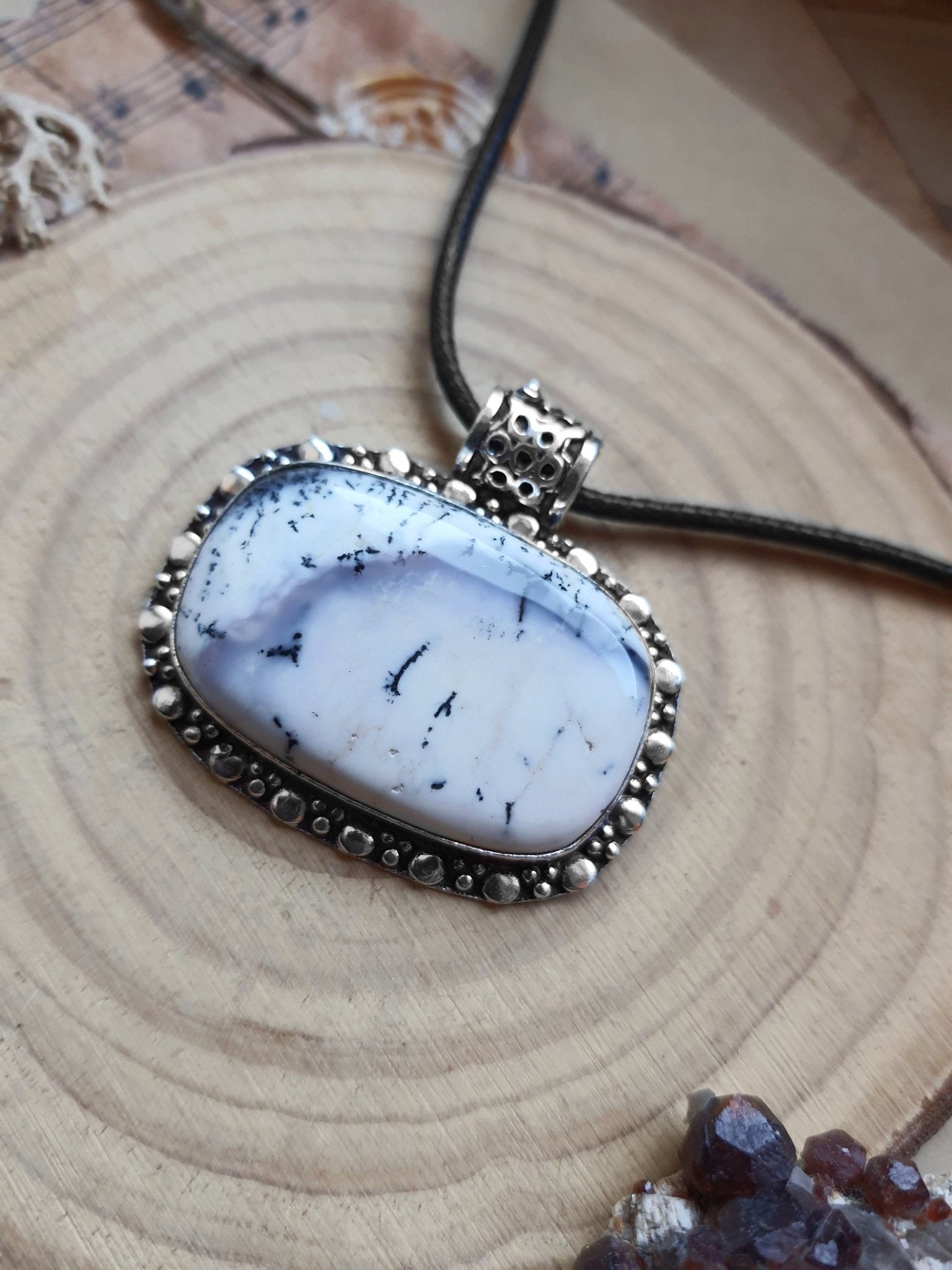 Dendrite Opal Pendant Sterling Silver Statement Pendant Boho Gemstone Necklace Unique Jewelry - LunarGem - 