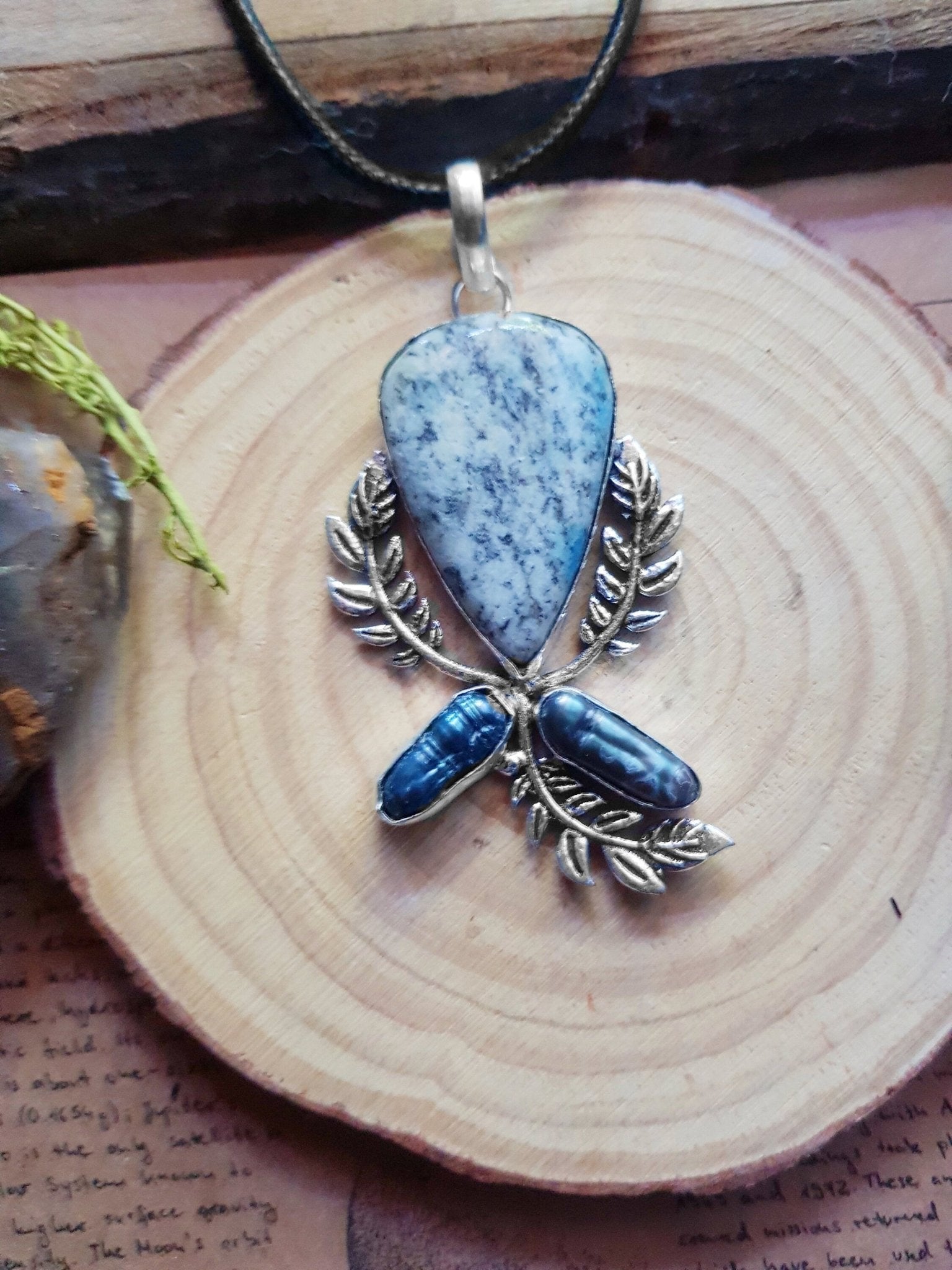 Dendritic Opal & Biwa Pearl Sterling Silver Pendant: Boho Gemstone Jewelry - LunarGem - 