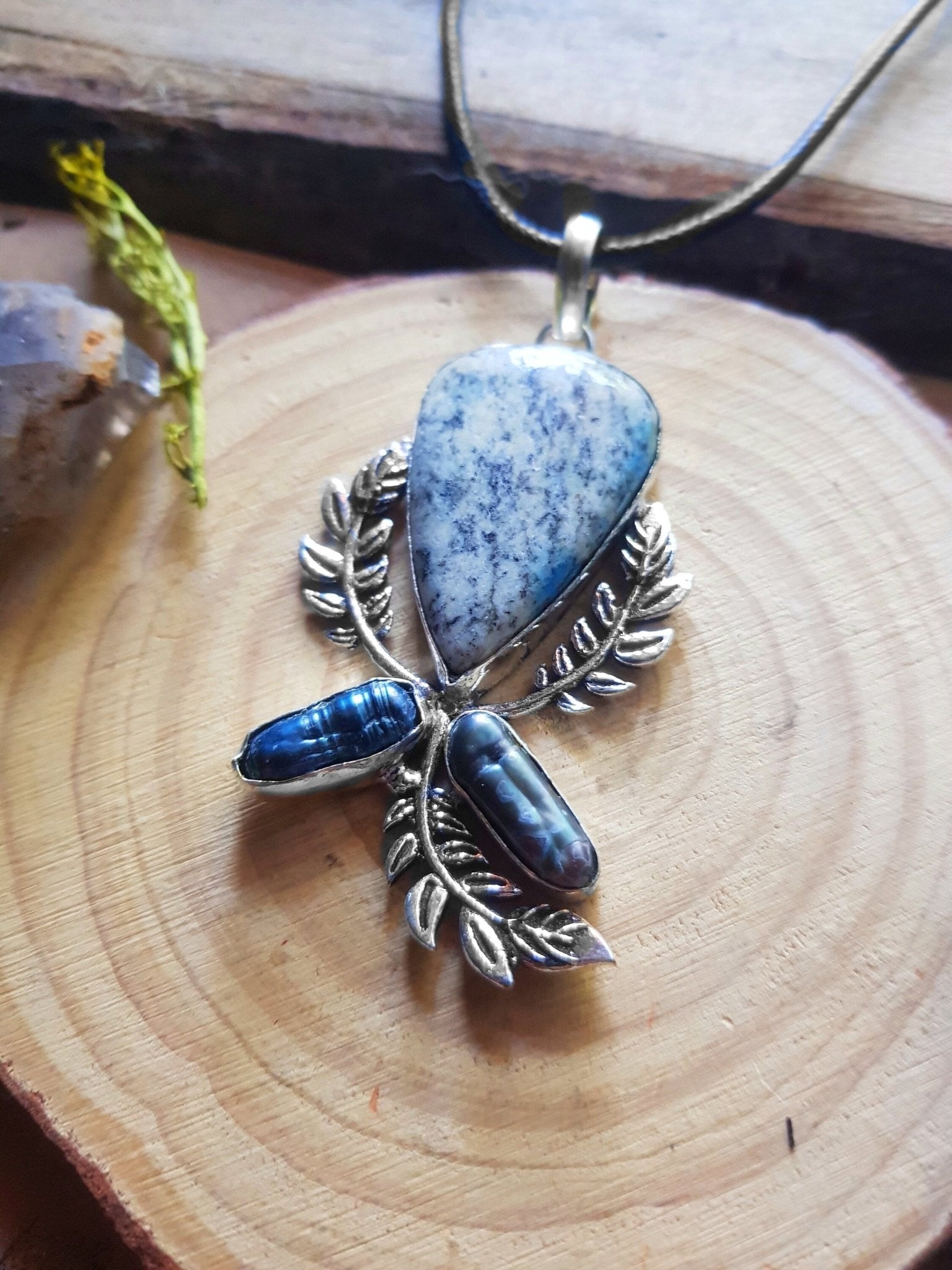 Dendritic Opal & Biwa Pearl Sterling Silver Pendant: Boho Gemstone Jewelry - LunarGem - 