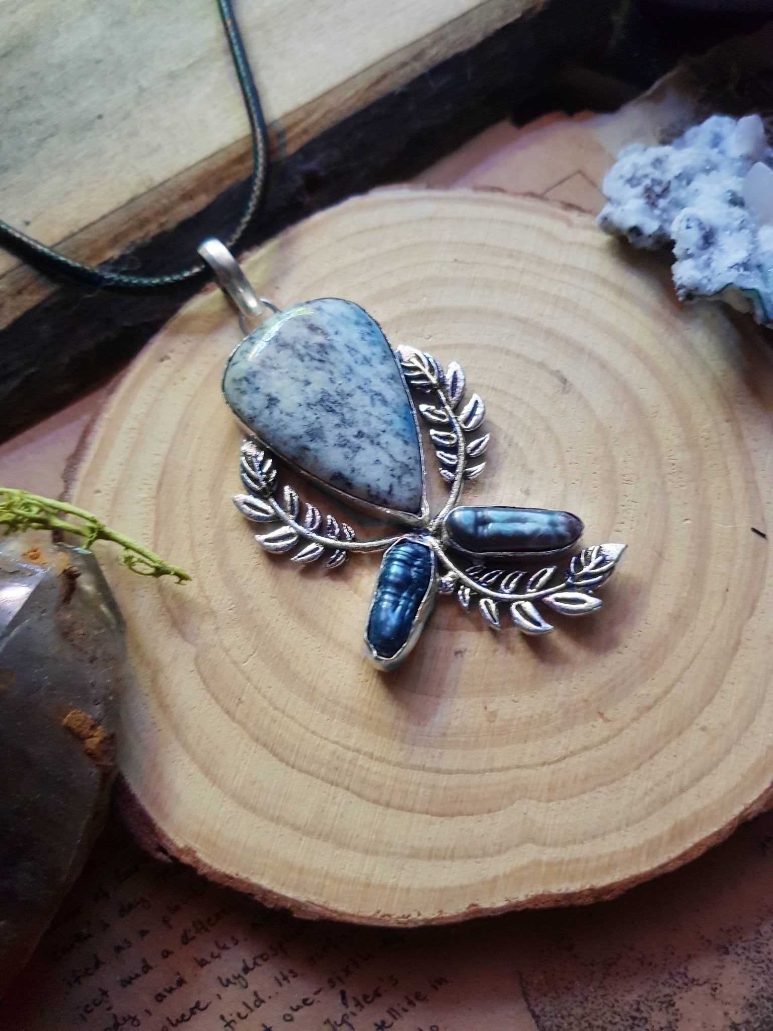 Dendritic Opal & Biwa Pearl Sterling Silver Pendant: Boho Gemstone Jewelry - LunarGem - 