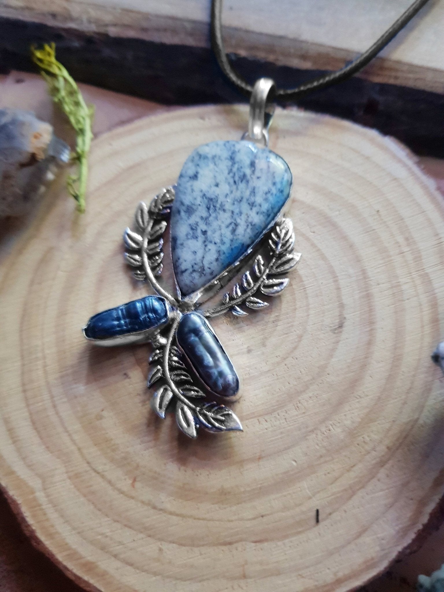 Dendritic Opal & Biwa Pearl Sterling Silver Pendant: Boho Gemstone Jewelry - LunarGem - 