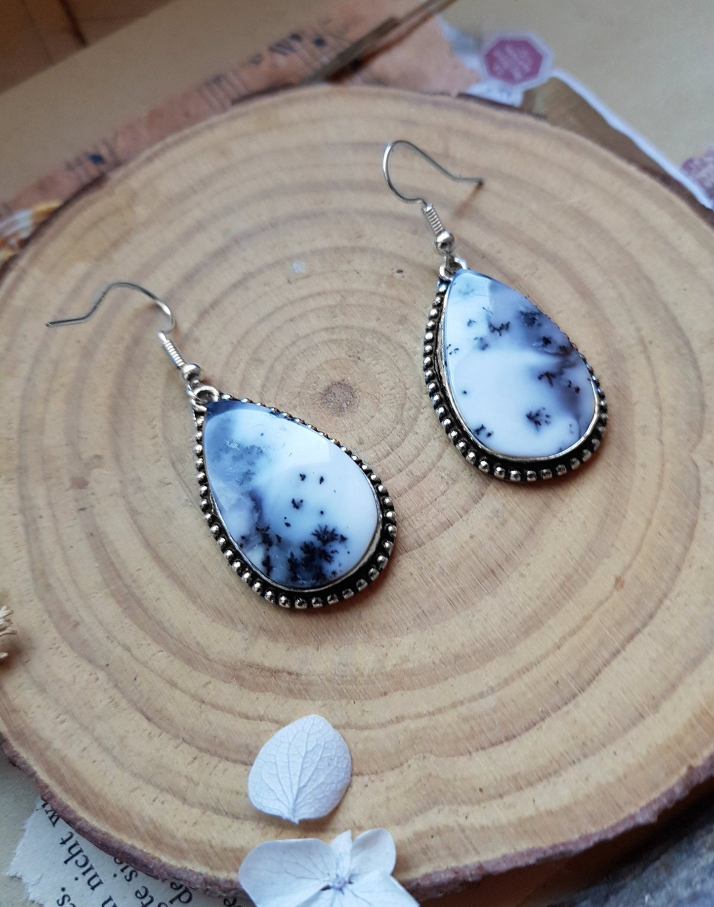Dendritic Opal Sterling Silver Earrings - Teardrop Boho Dangle Earrings - LunarGem - 
