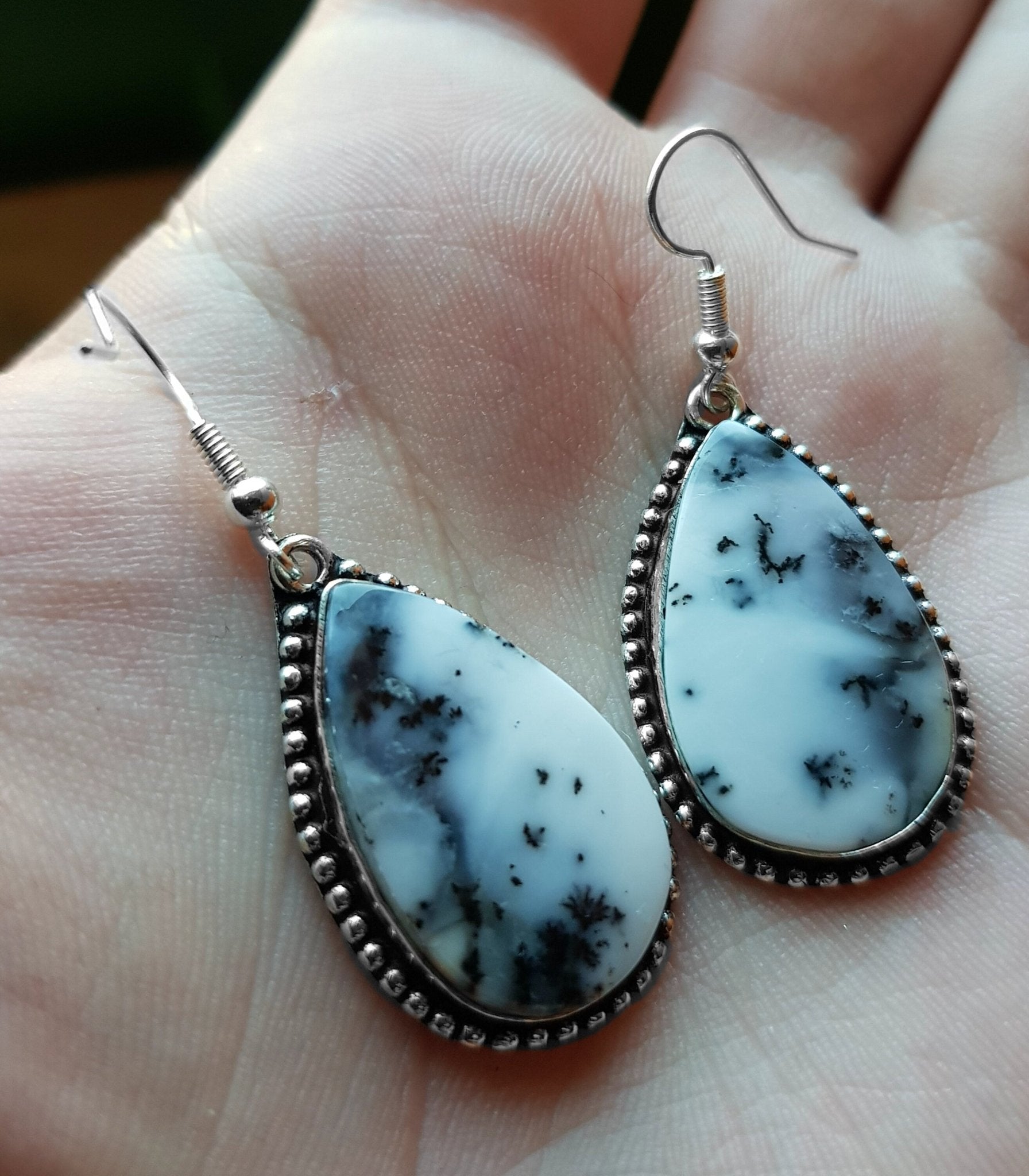 Dendritic Opal Sterling Silver Earrings - Teardrop Boho Dangle Earrings - LunarGem - 