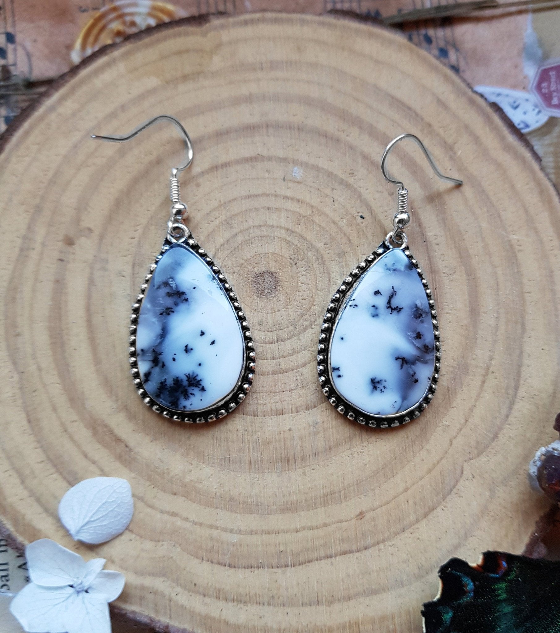 Dendritic Opal Sterling Silver Earrings - Teardrop Boho Dangle Earrings - LunarGem - 