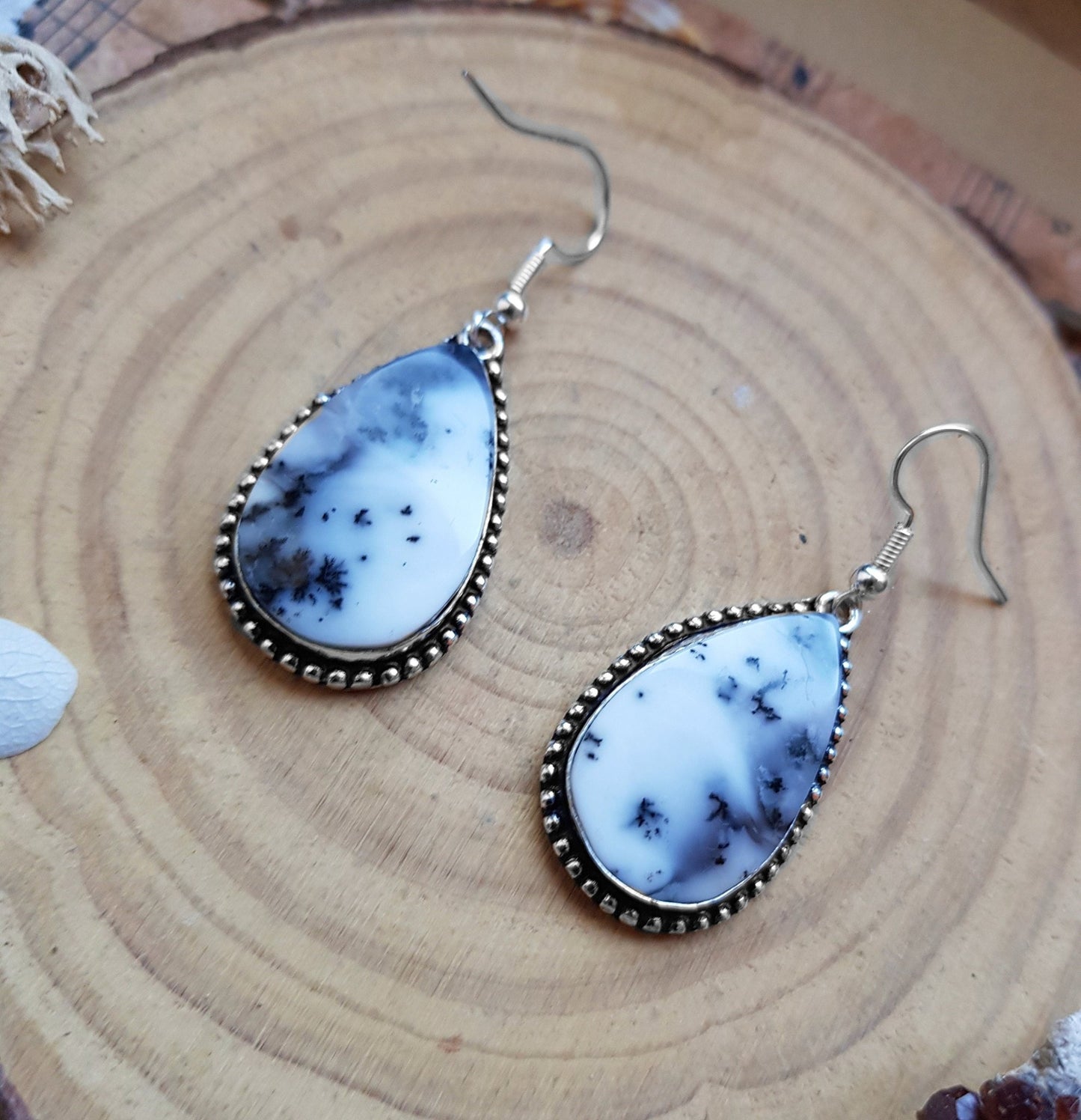 Dendritic Opal Sterling Silver Earrings - Teardrop Boho Dangle Earrings - LunarGem - 