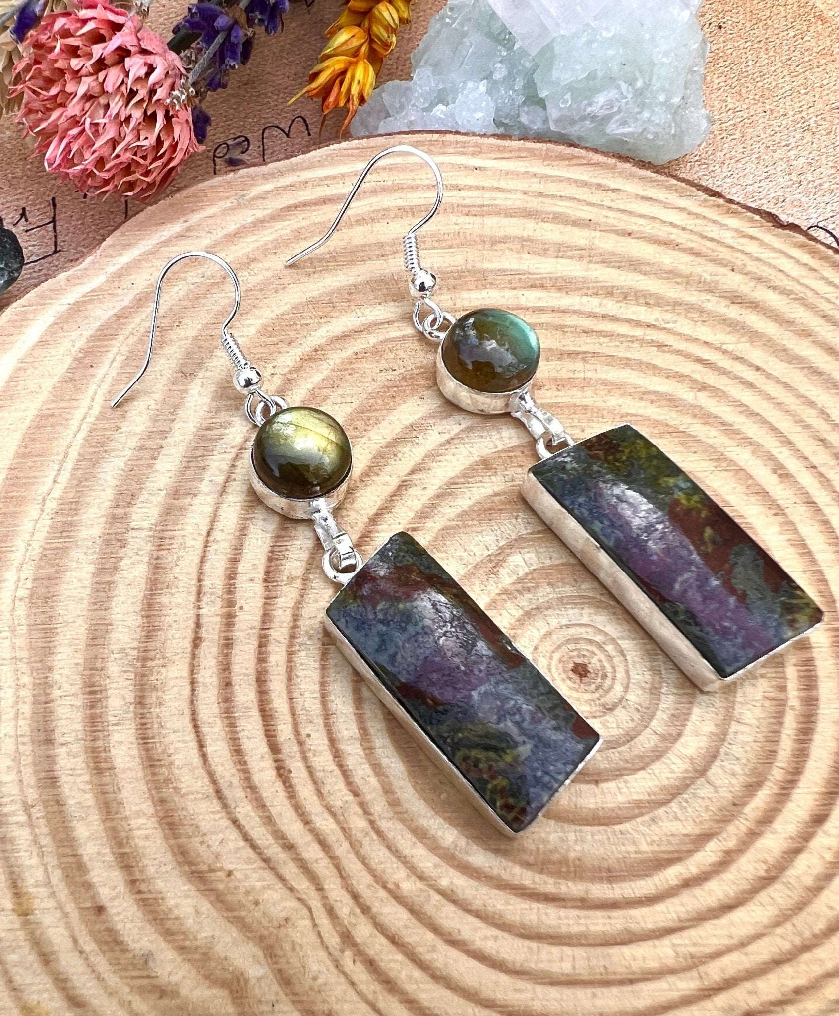 Dragon Blood Agate Labradorite Earrings In Sterling Silver - LunarGem - 