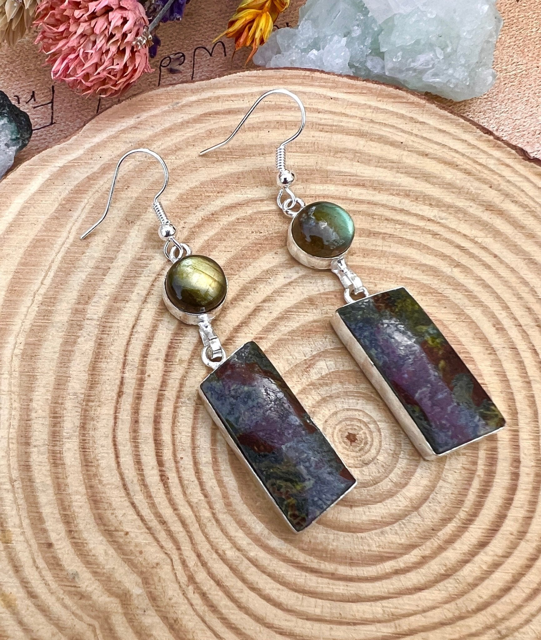 Dragon Blood Agate Labradorite Earrings In Sterling Silver - LunarGem - 