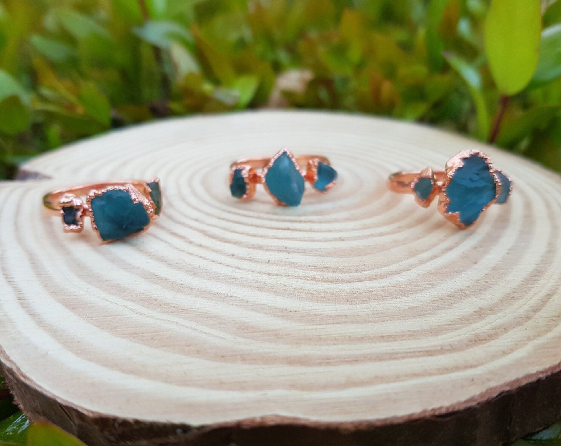 Electroformed Copper Ring: Raw Apatite Multi Stone Stacking Ring - LunarGem - Rings