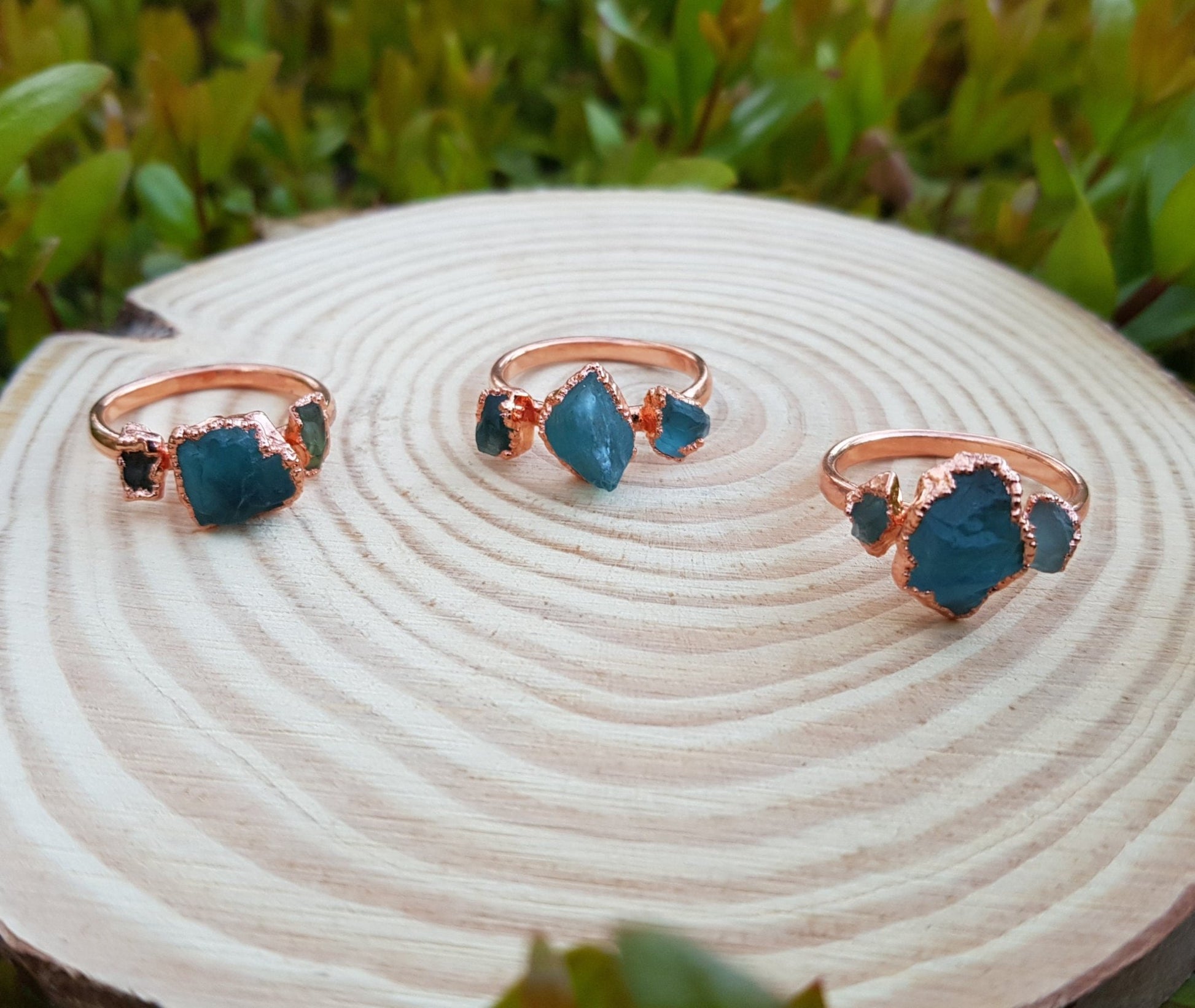 Electroformed Copper Ring: Raw Apatite Multi Stone Stacking Ring - LunarGem - Rings