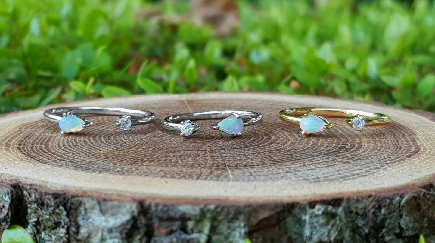Ethiopian Opal and Zircon Ring: Adjustable Sterling Silver Gemstone - LunarGem - Rings