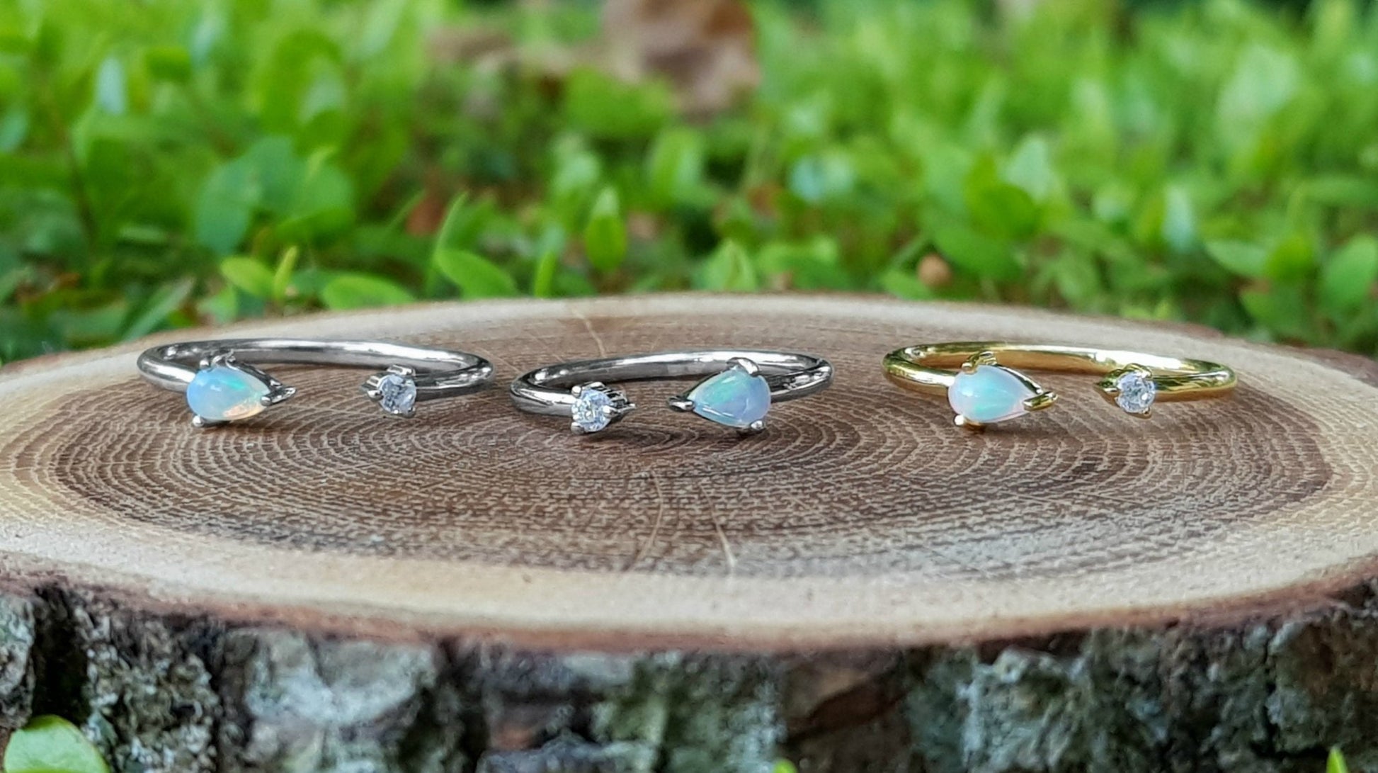 Ethiopian Opal and Zircon Ring: Adjustable Sterling Silver Gemstone - LunarGem - Rings