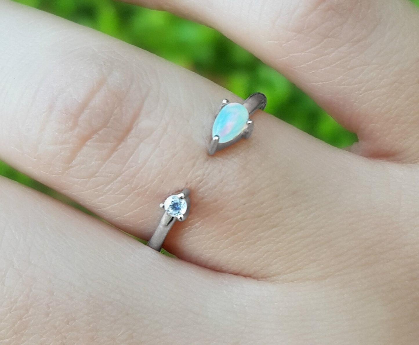 Ethiopian Opal and Zircon Ring: Adjustable Sterling Silver Gemstone - LunarGem - Rings