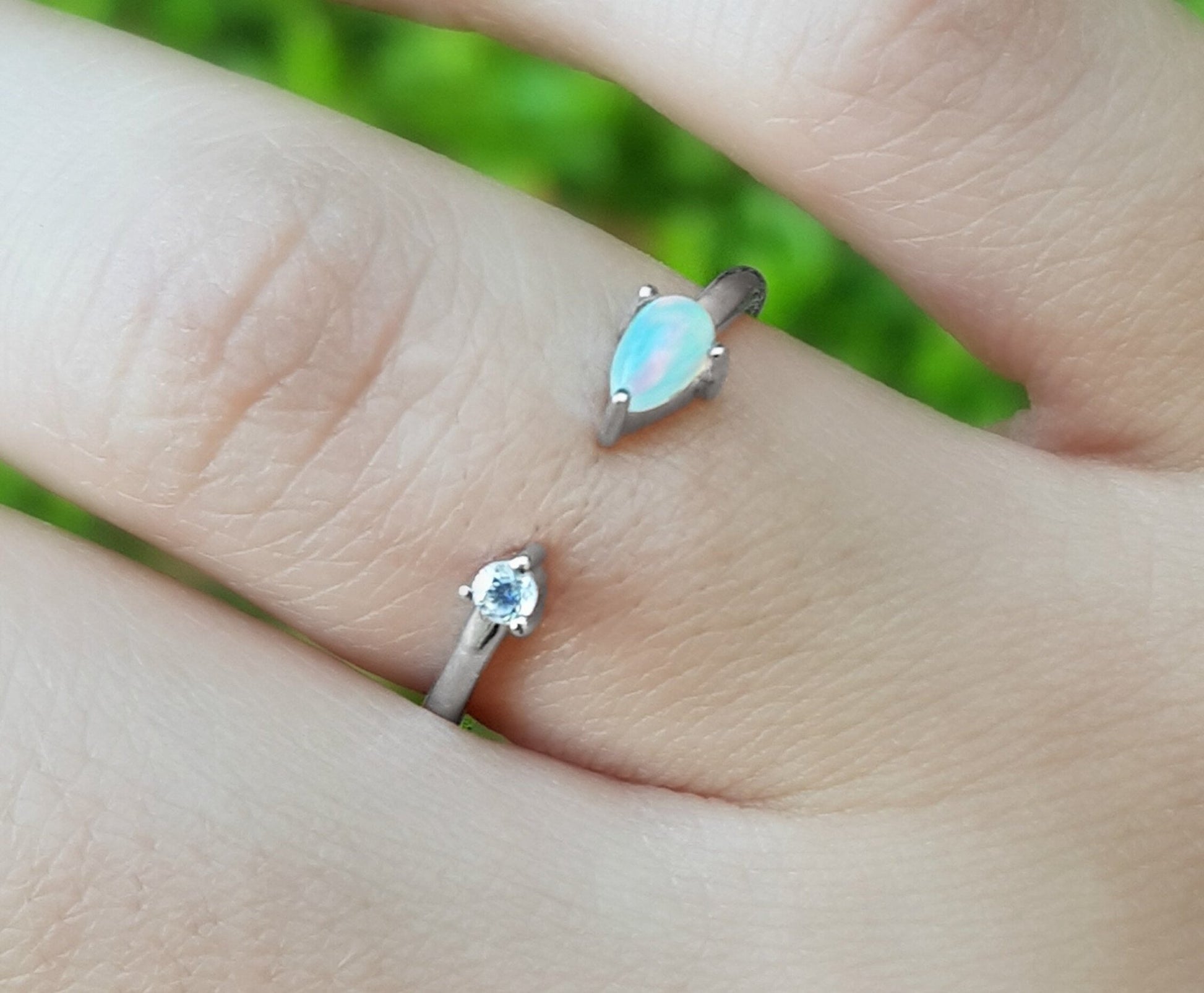 Ethiopian Opal and Zircon Ring: Adjustable Sterling Silver Gemstone - LunarGem - Rings