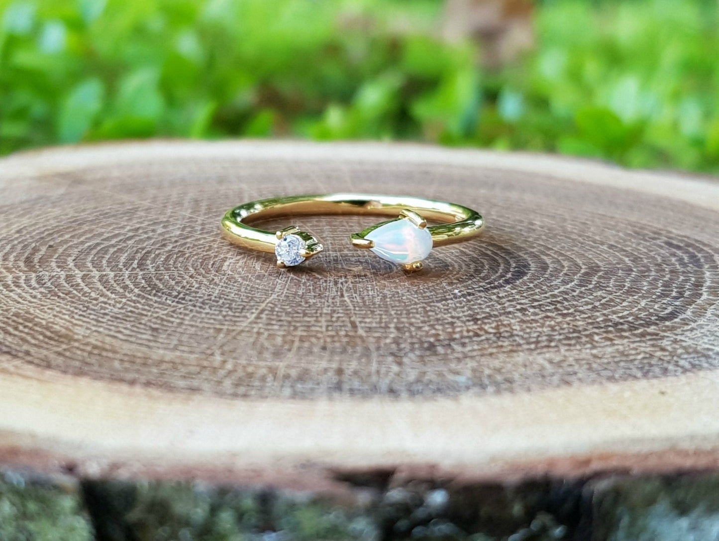 Ethiopian Opal and Zircon Ring: Adjustable Sterling Silver Gemstone - LunarGem - Rings