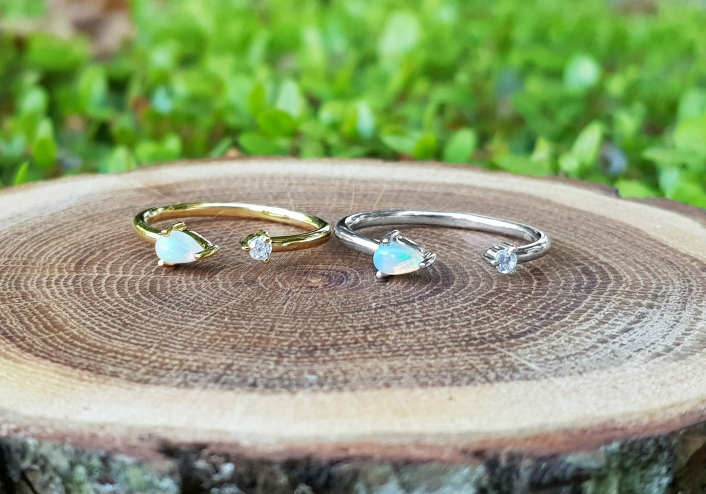 Ethiopian Opal and Zircon Ring: Adjustable Sterling Silver Gemstone - LunarGem - Rings