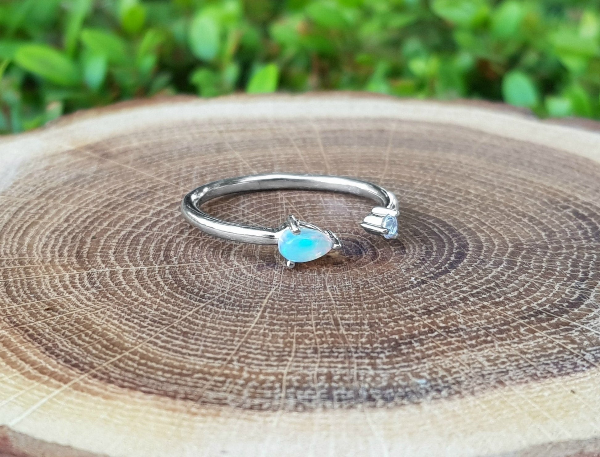 Ethiopian Opal and Zircon Ring: Adjustable Sterling Silver Gemstone - LunarGem - Rings