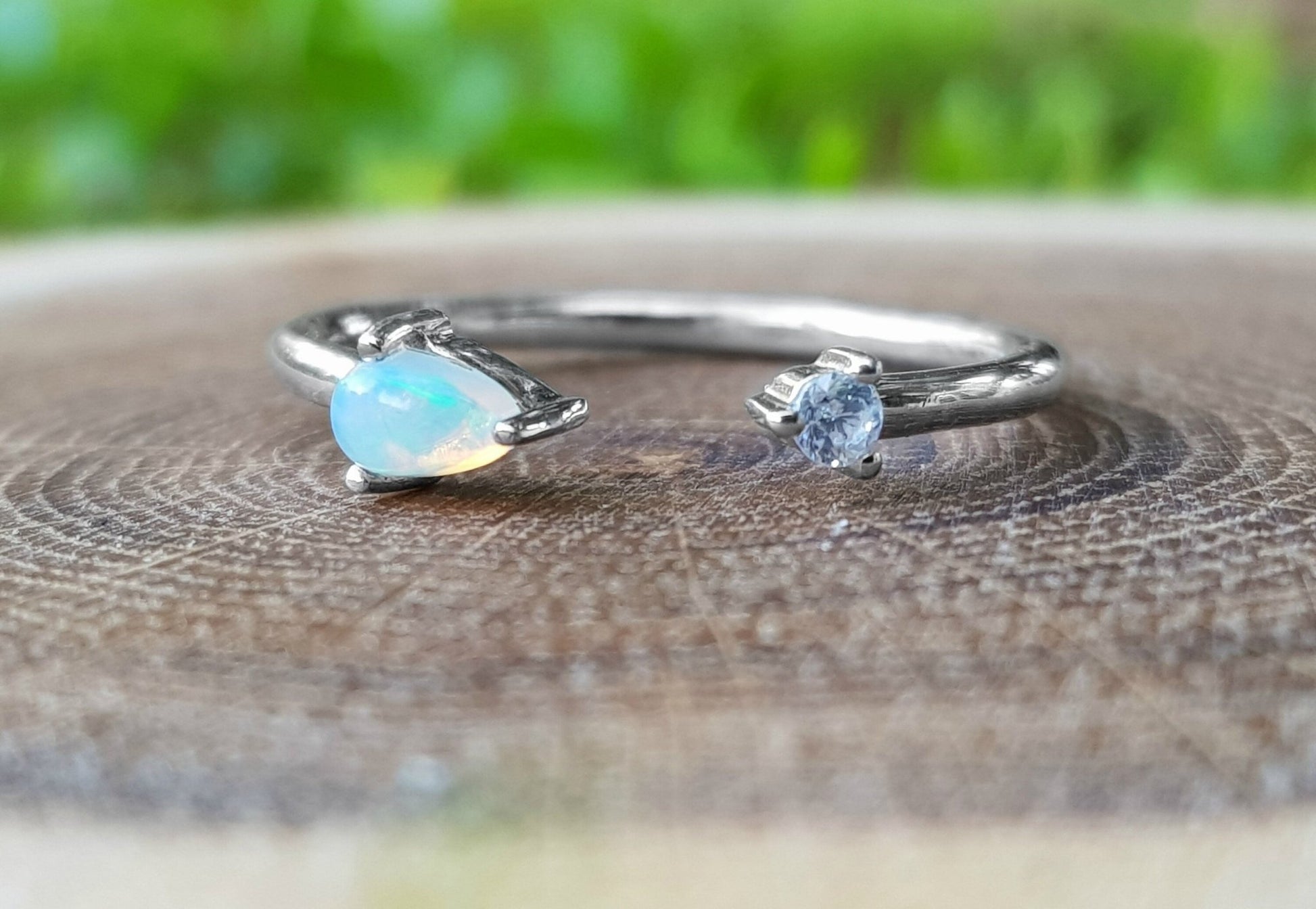 Ethiopian Opal and Zircon Ring: Adjustable Sterling Silver Gemstone - LunarGem - Rings