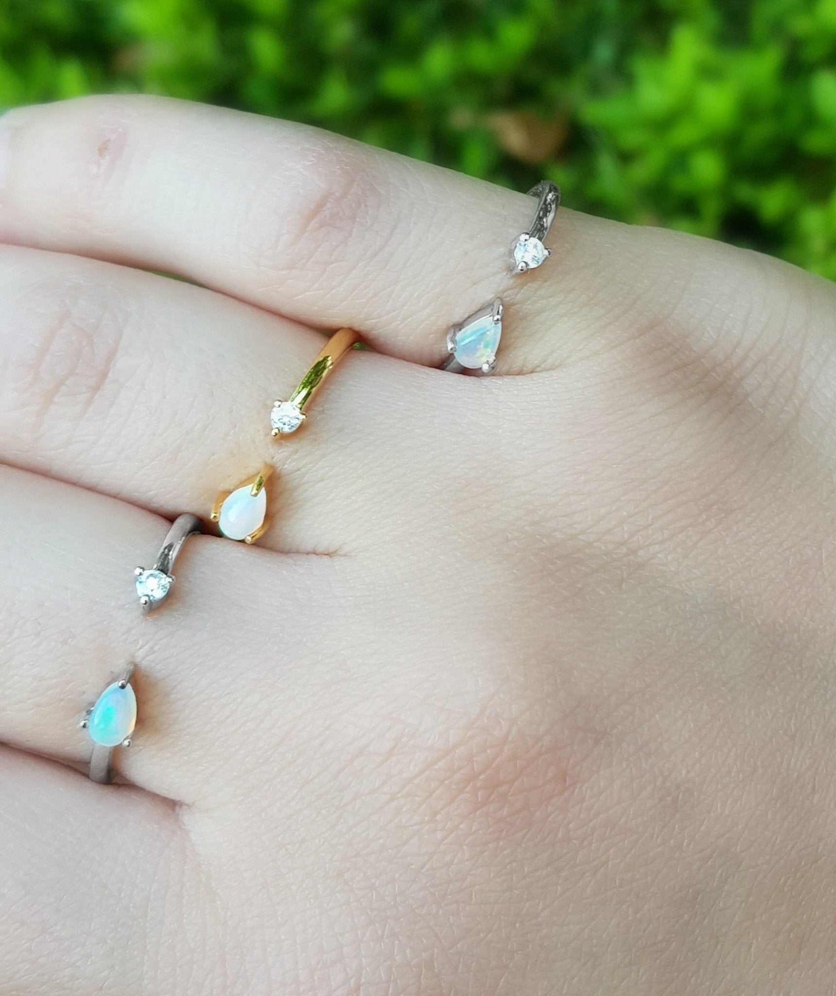 Ethiopian Opal and Zircon Ring: Adjustable Sterling Silver Gemstone - LunarGem - Rings