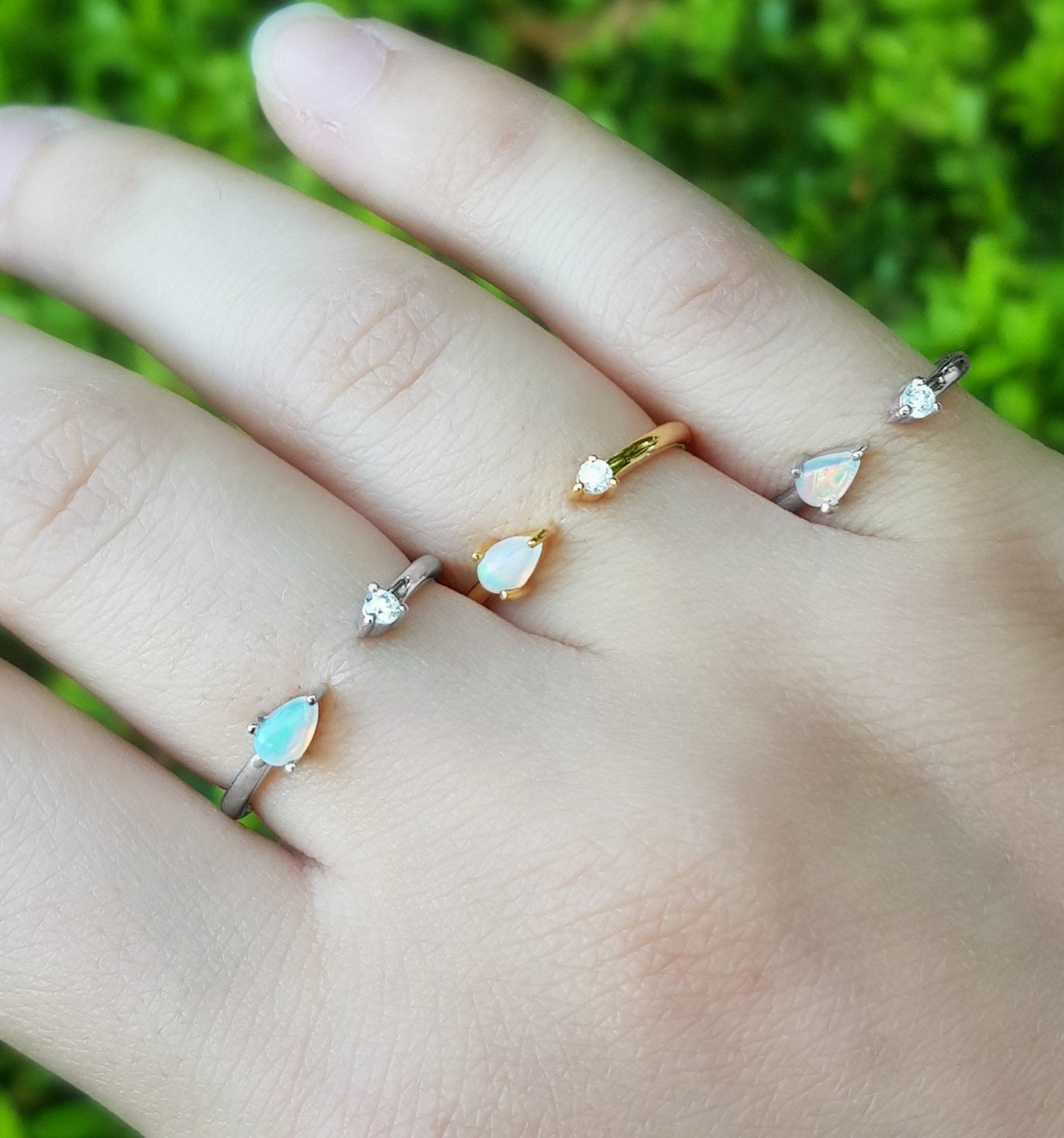 Ethiopian Opal and Zircon Ring: Adjustable Sterling Silver Gemstone - LunarGem - Rings
