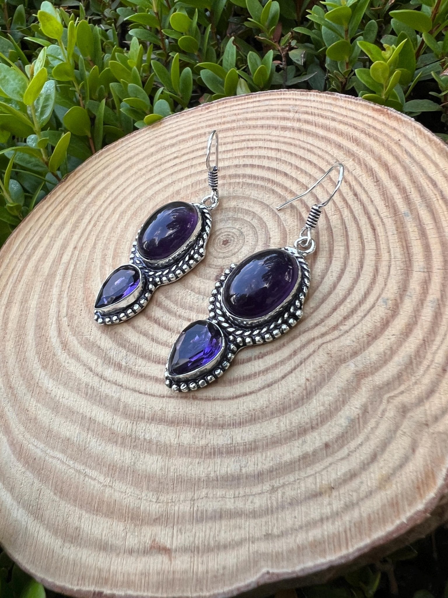 Ethnic Amethyst Sterling Silver Dangle Earrings: Boho Gemstone Jewelry - LunarGem - 