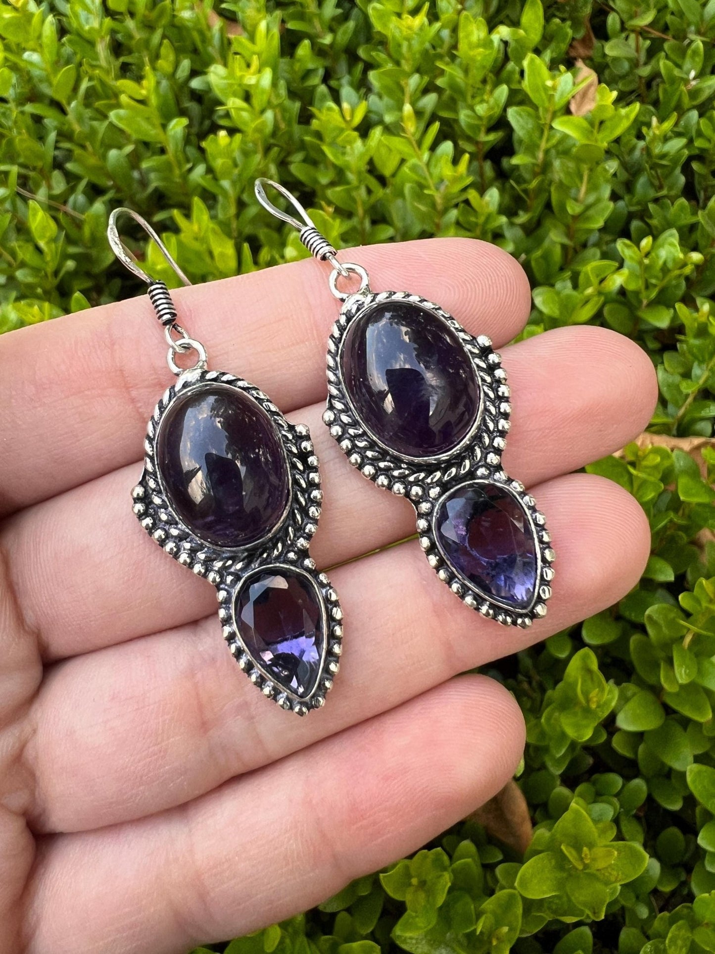 Ethnic Amethyst Sterling Silver Dangle Earrings: Boho Gemstone Jewelry - LunarGem - 