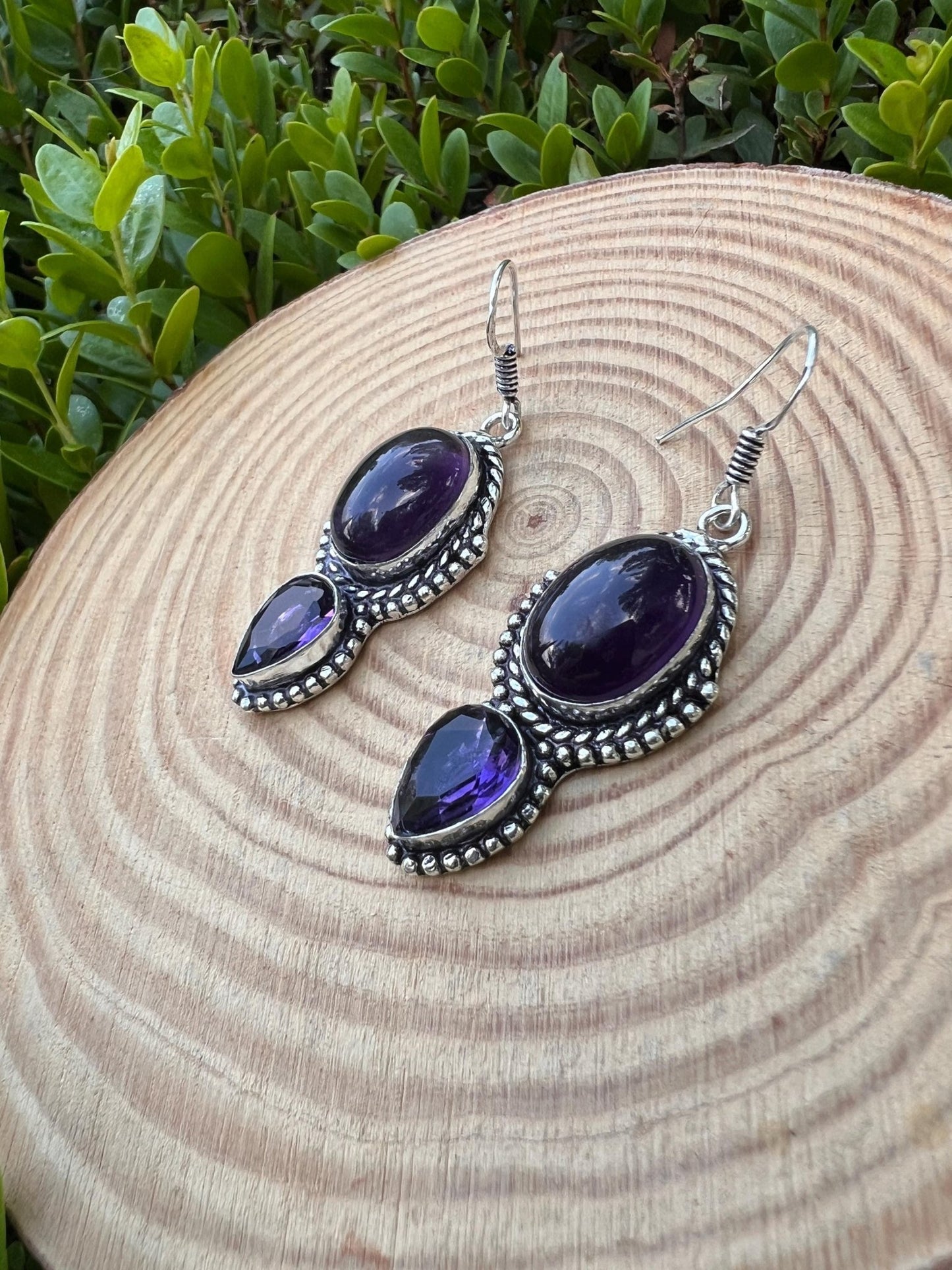 Ethnic Amethyst Sterling Silver Dangle Earrings: Boho Gemstone Jewelry - LunarGem - 