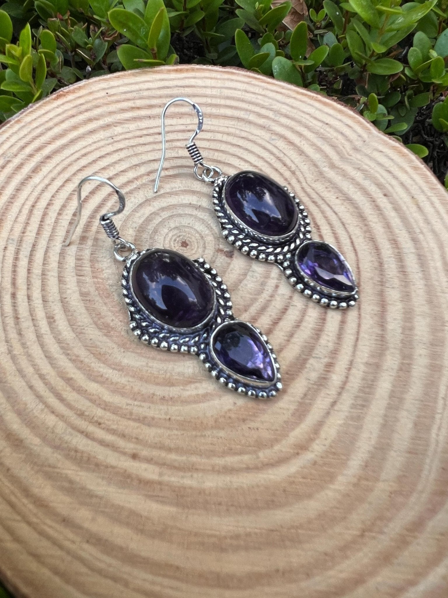 Ethnic Amethyst Sterling Silver Dangle Earrings: Boho Gemstone Jewelry - LunarGem - 
