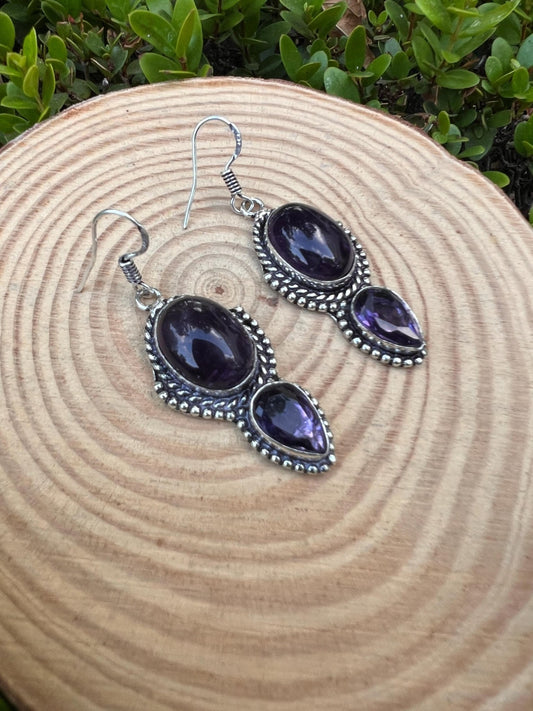 Ethnic Amethyst Sterling Silver Dangle Earrings: Boho Gemstone Jewelry - LunarGem - 