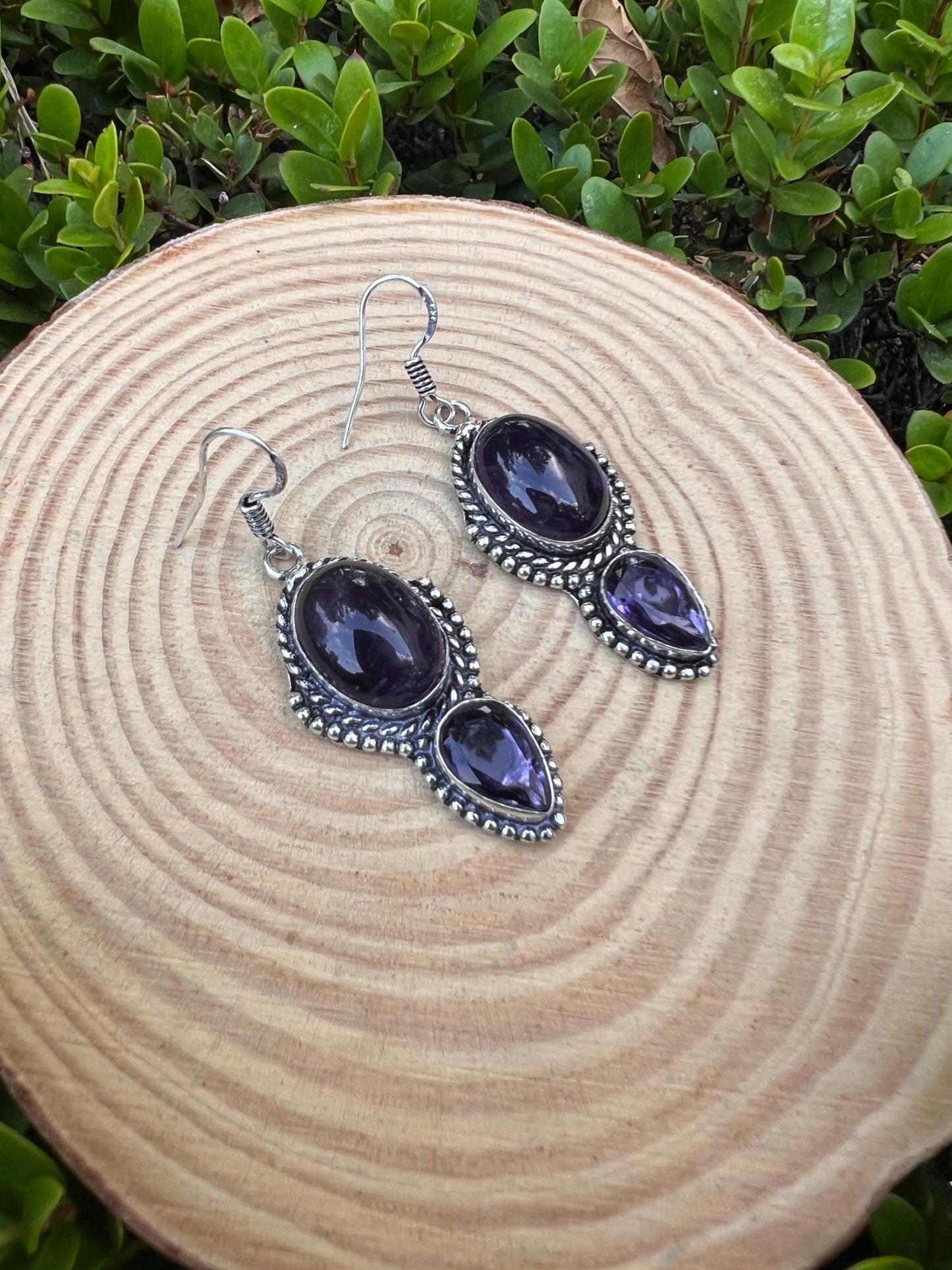 Ethnic Amethyst Sterling Silver Dangle Earrings: Boho Gemstone Jewelry - LunarGem - 