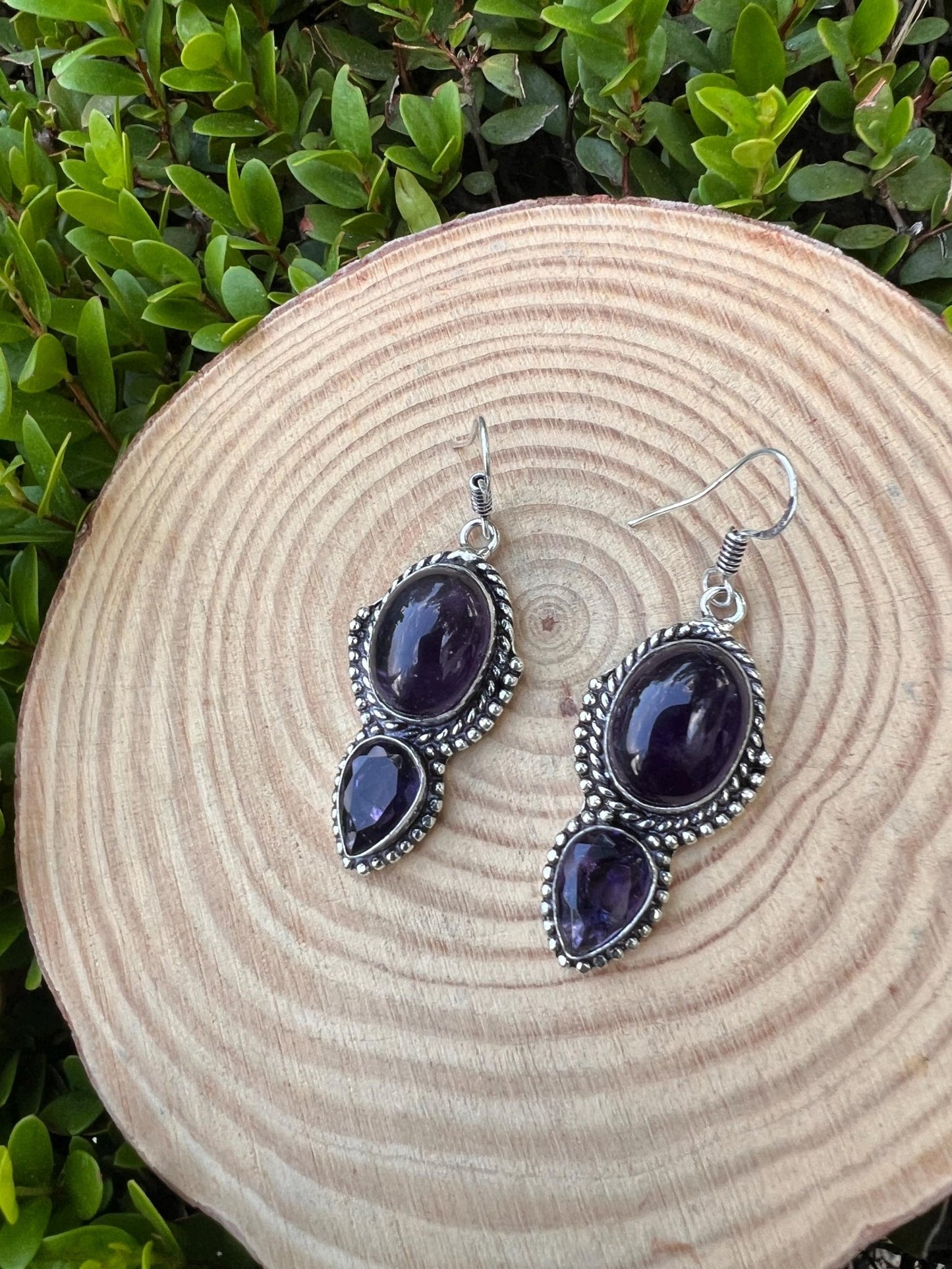Ethnic Amethyst Sterling Silver Dangle Earrings: Boho Gemstone Jewelry - LunarGem - 