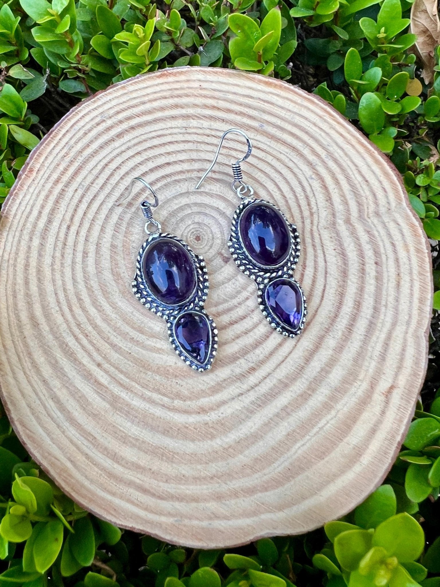 Ethnic Amethyst Sterling Silver Dangle Earrings: Boho Gemstone Jewelry - LunarGem - 