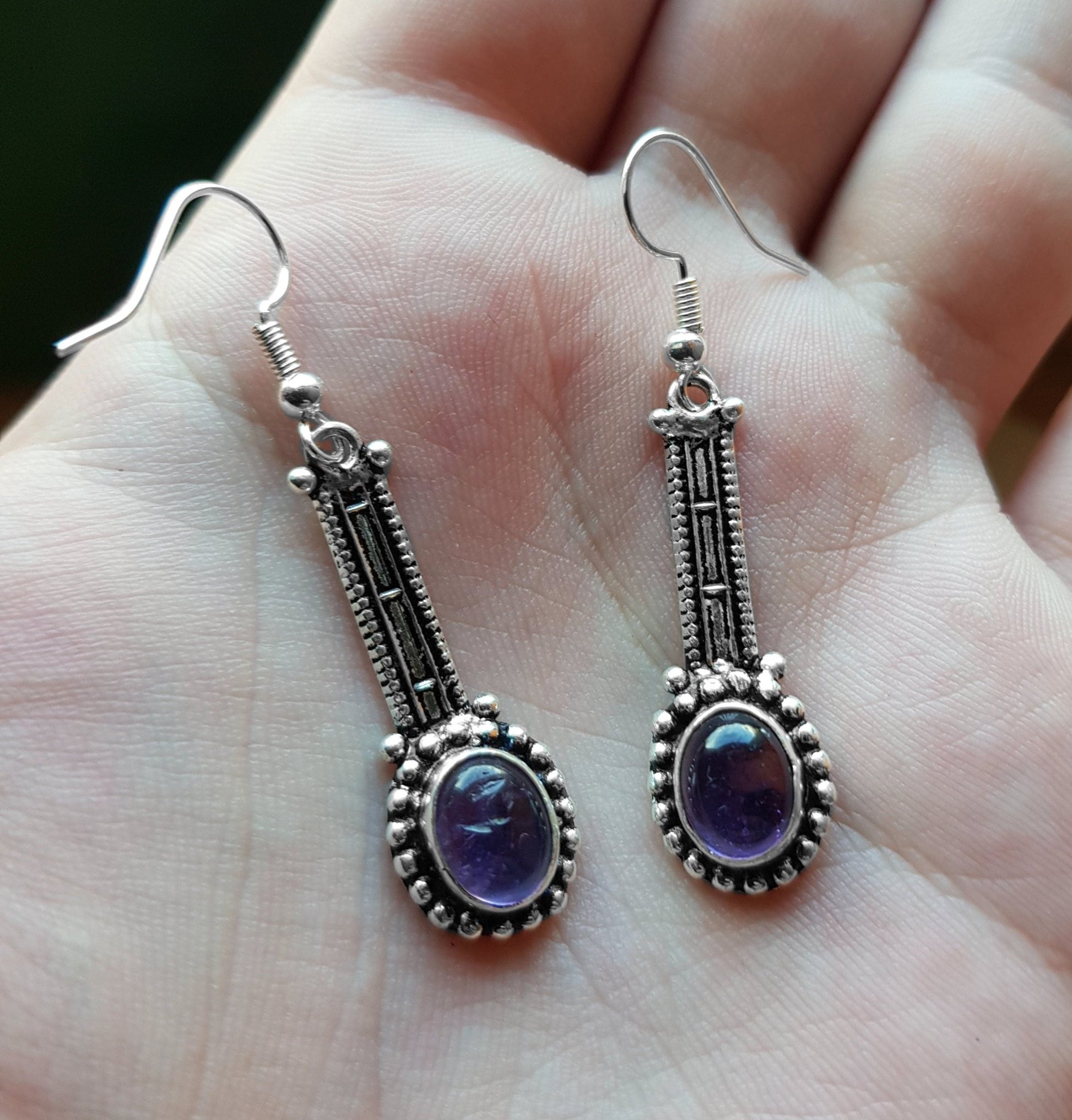 Ethnic Sterling Silver Amethyst Dangle Earrings - Boho Gemstone Jewelry - LunarGem - 