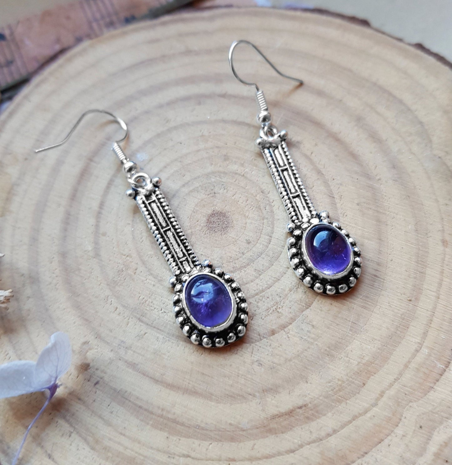 Ethnic Sterling Silver Amethyst Dangle Earrings - Boho Gemstone Jewelry - LunarGem - 
