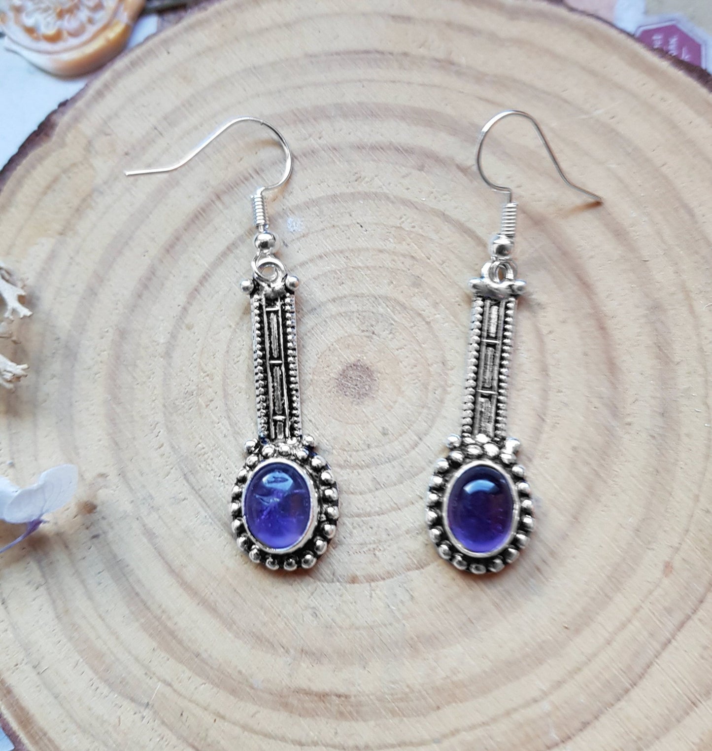 Ethnic Sterling Silver Amethyst Dangle Earrings - Boho Gemstone Jewelry - LunarGem - 