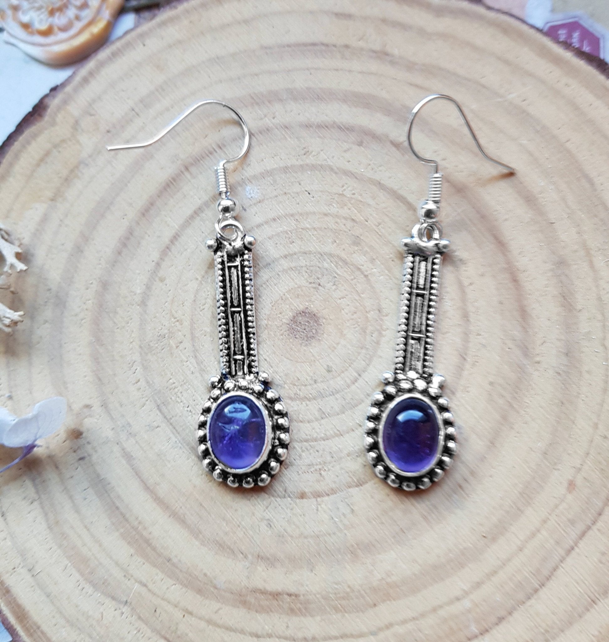 Ethnic Sterling Silver Amethyst Dangle Earrings - Boho Gemstone Jewelry - LunarGem - 